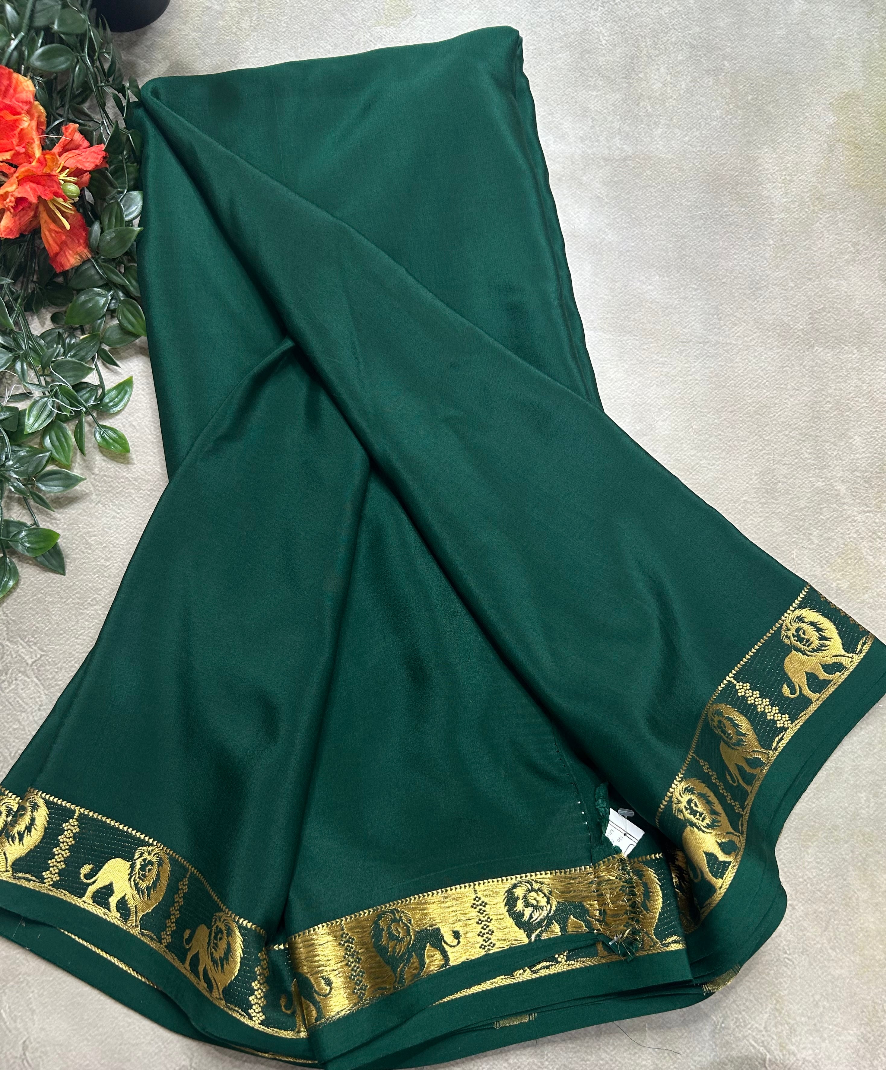 Bottle green lion border pure Mysore silk 105 saree