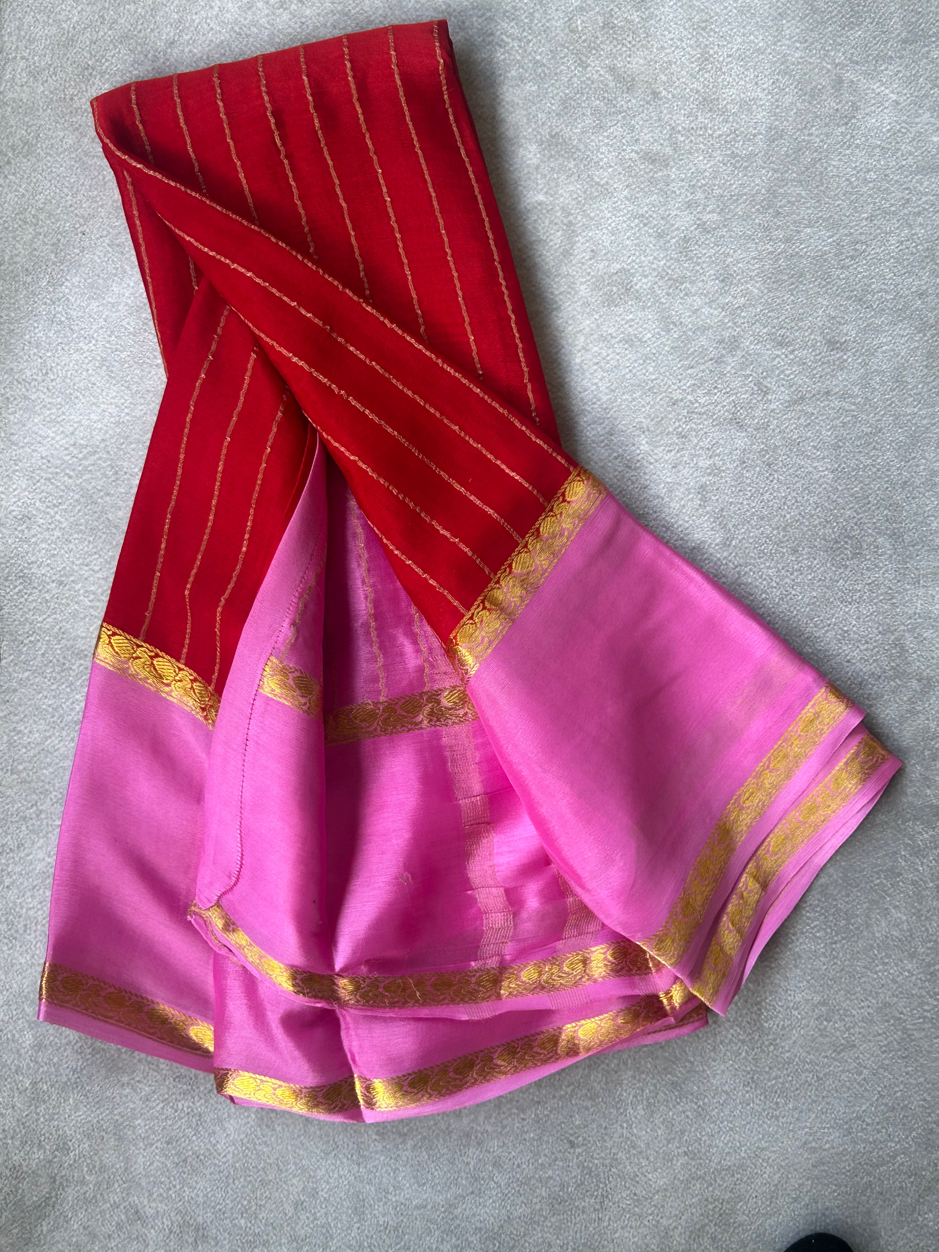 Red n pink pure wrinkle 103 crepe silk saree
