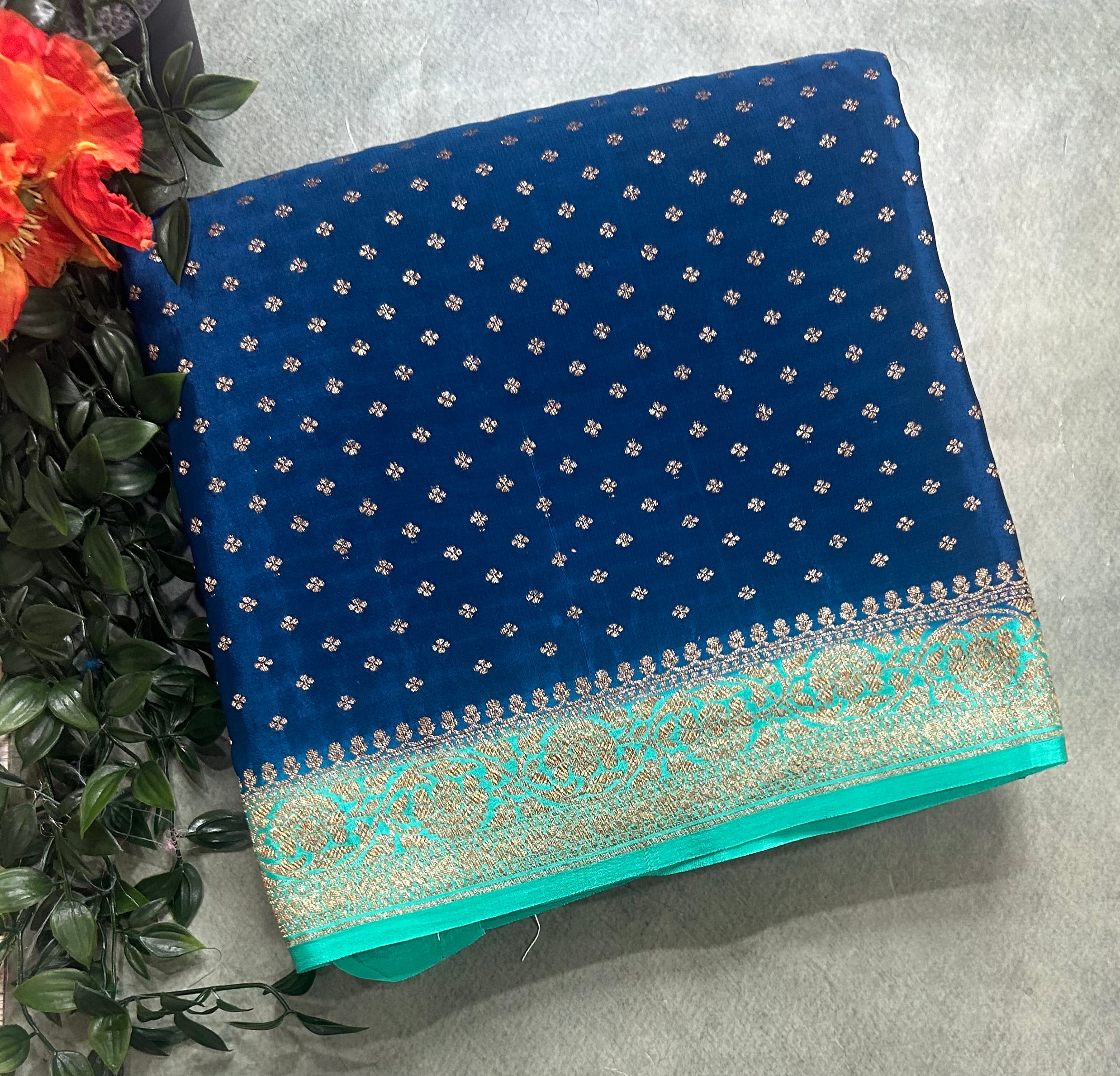 Peacock blue n aqua green small Butta pure Benarasi crepe 104 saree