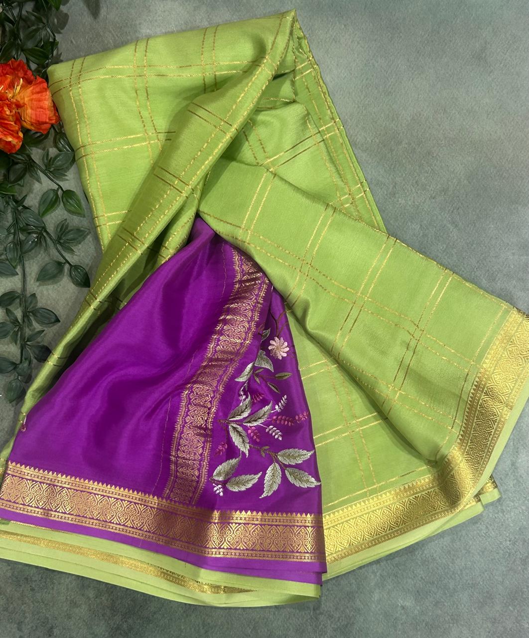 Pista  green embrodiery checks pure Mysore crepe silk 103 saree