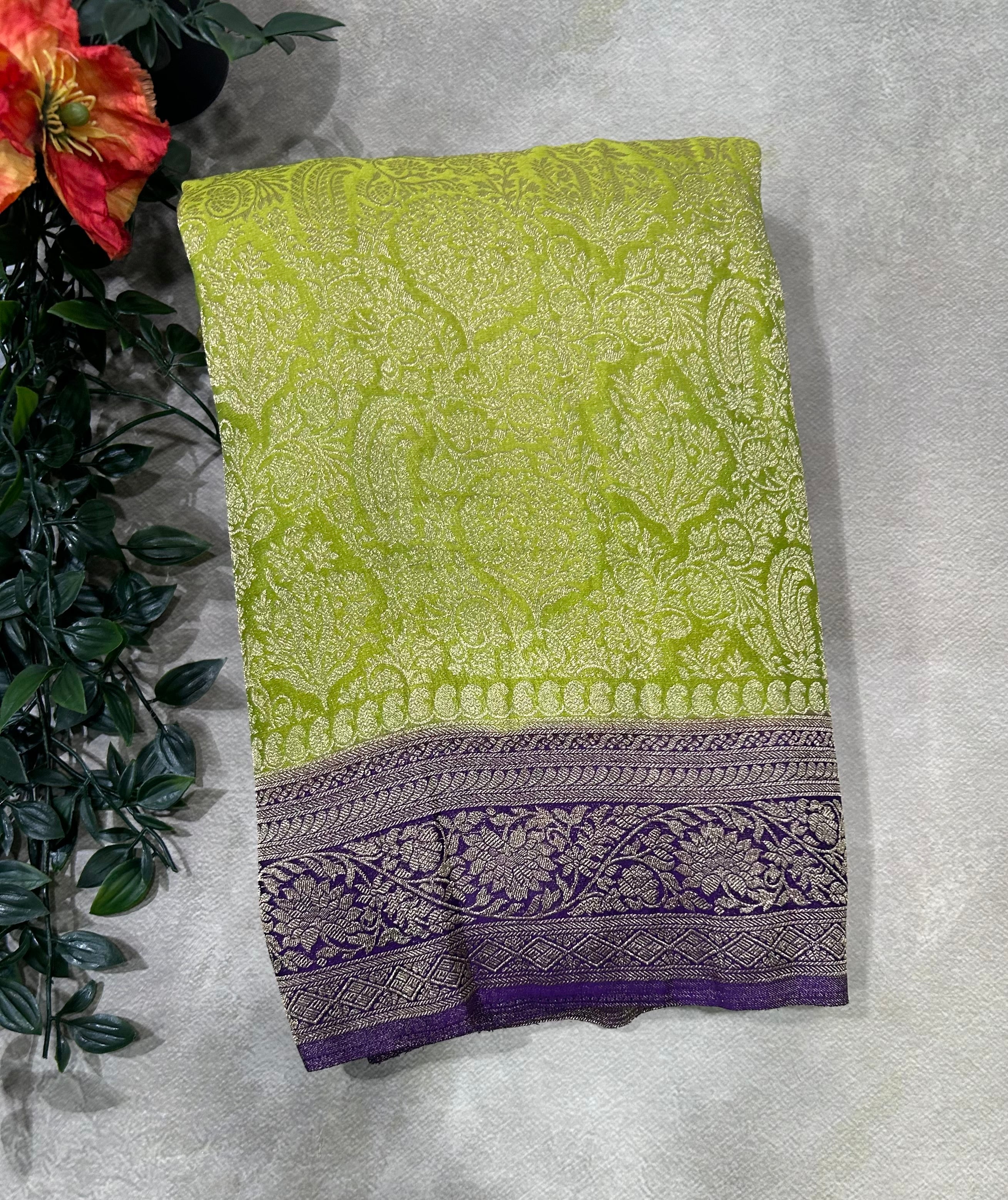 Neon green brocade semi georgette 105 saree