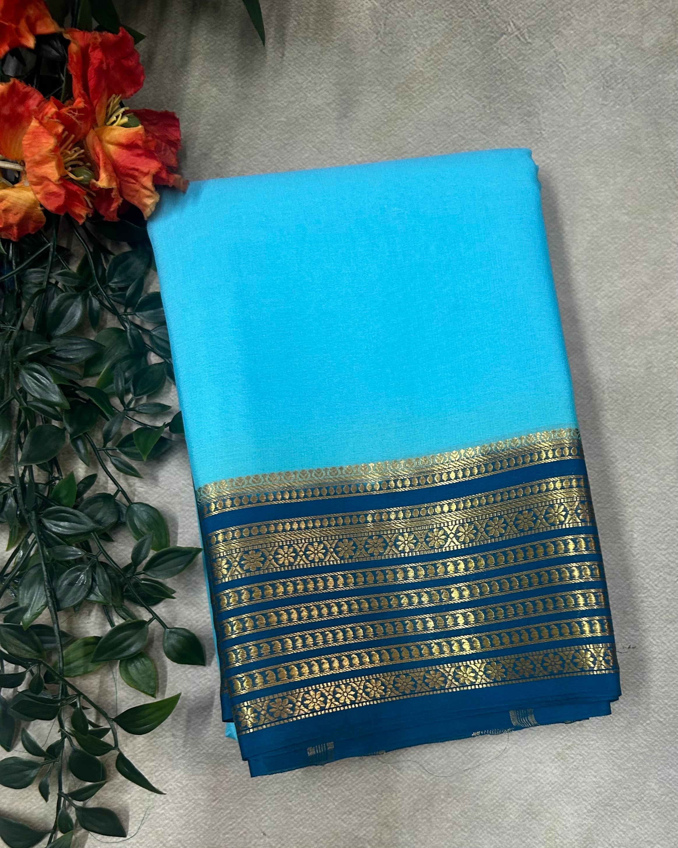 Sky blue n peacock blue pure Mysore silk saree