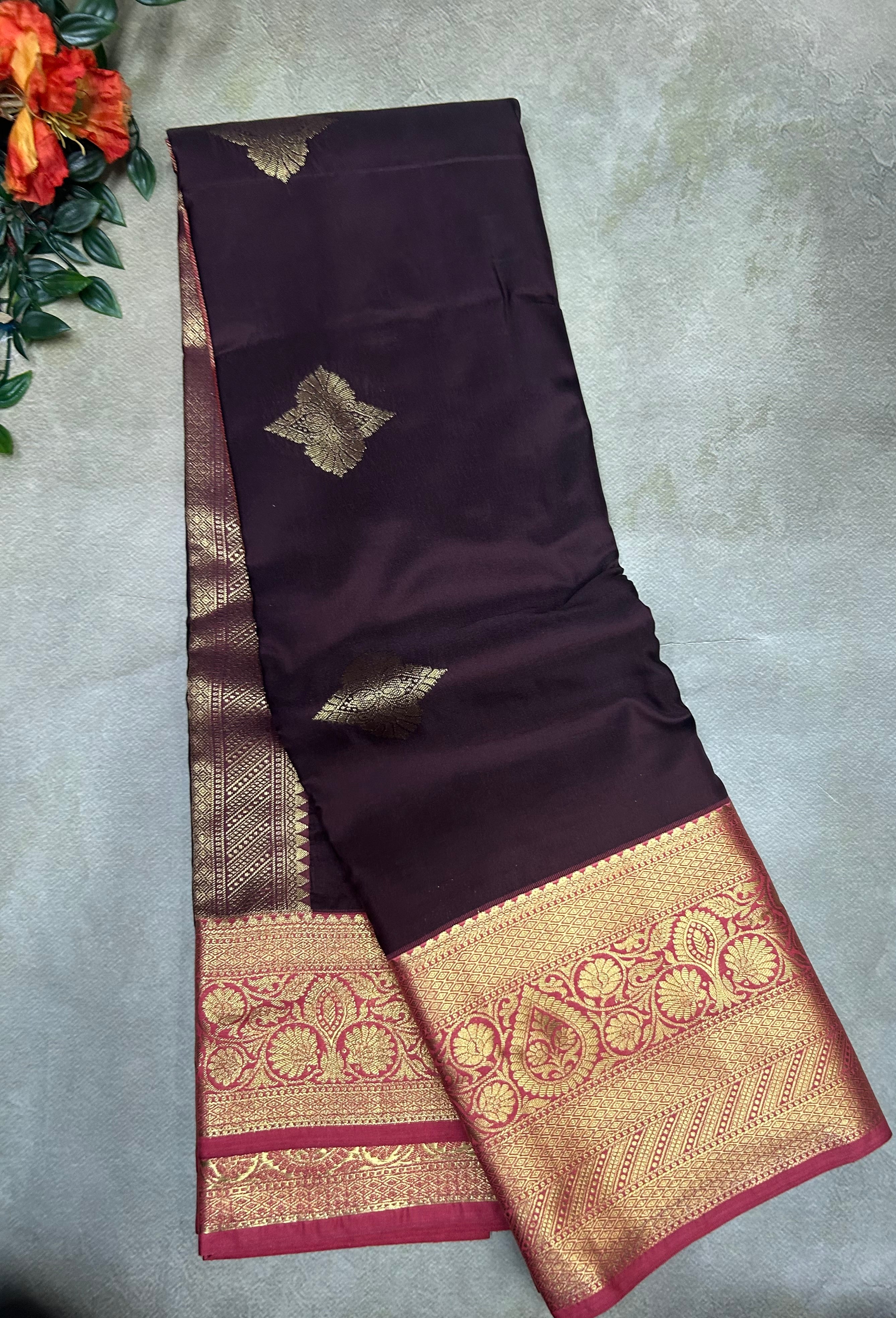Dark brown small border semi Kanchi-105 saree