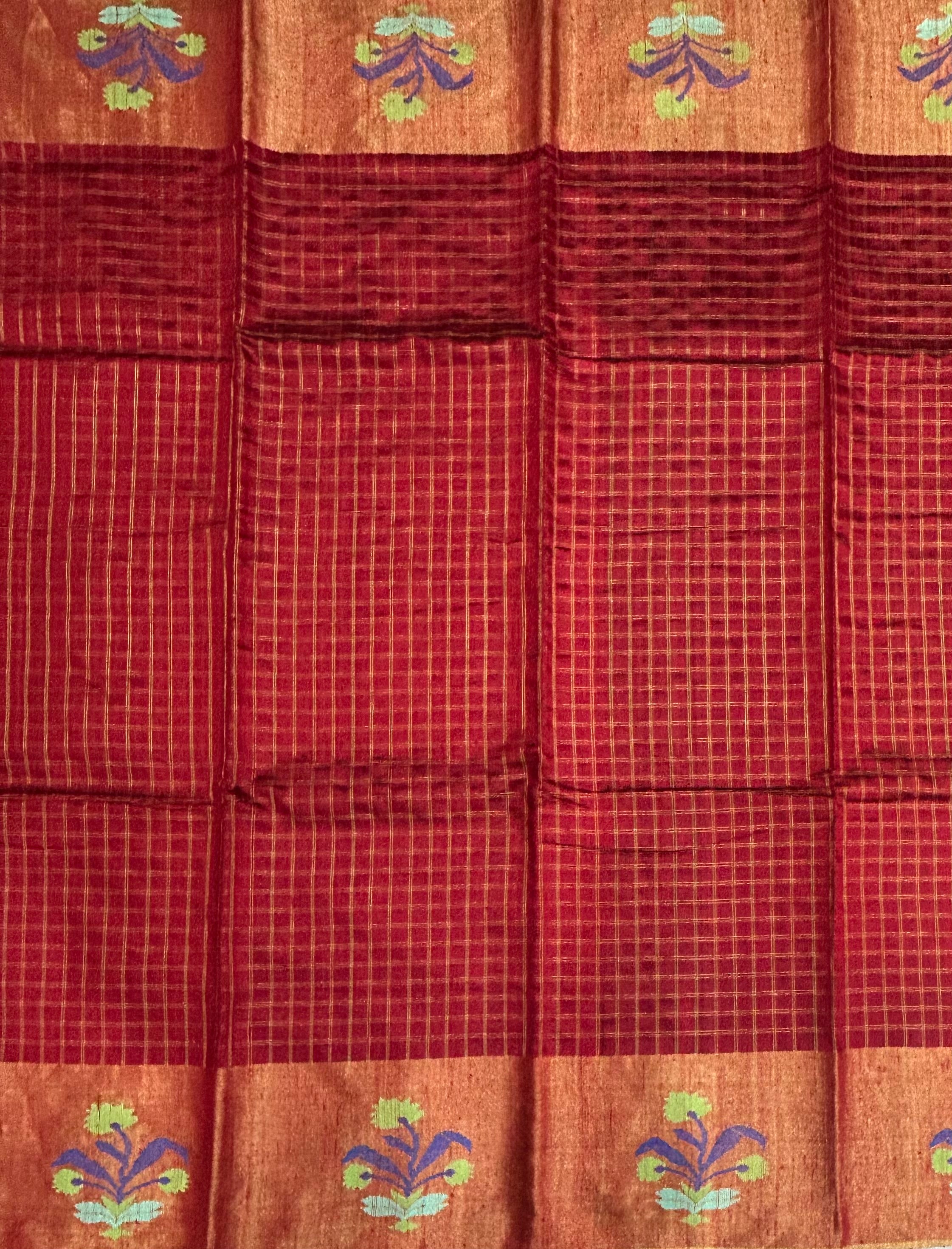 Red checks border Butta pure matka silk saree