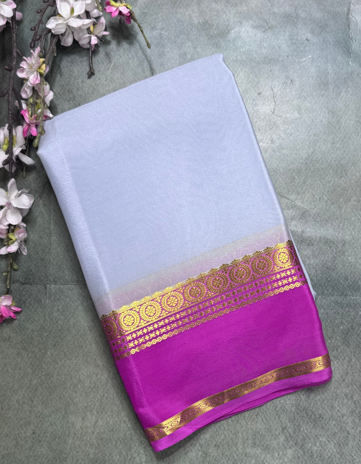 Light grey long border pure Mysore silk saree