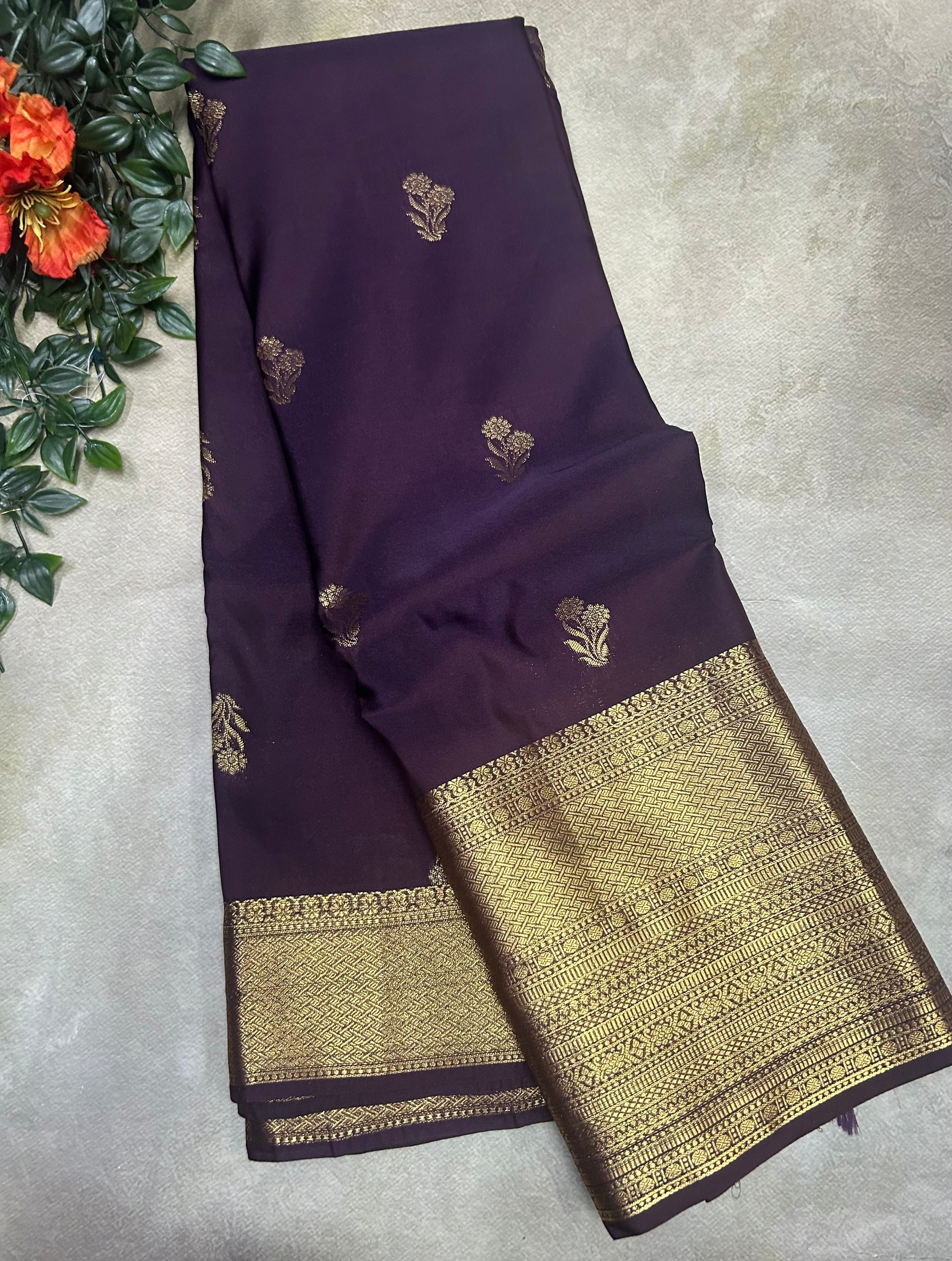Dark wine long border semi Kanchi-105 saree
