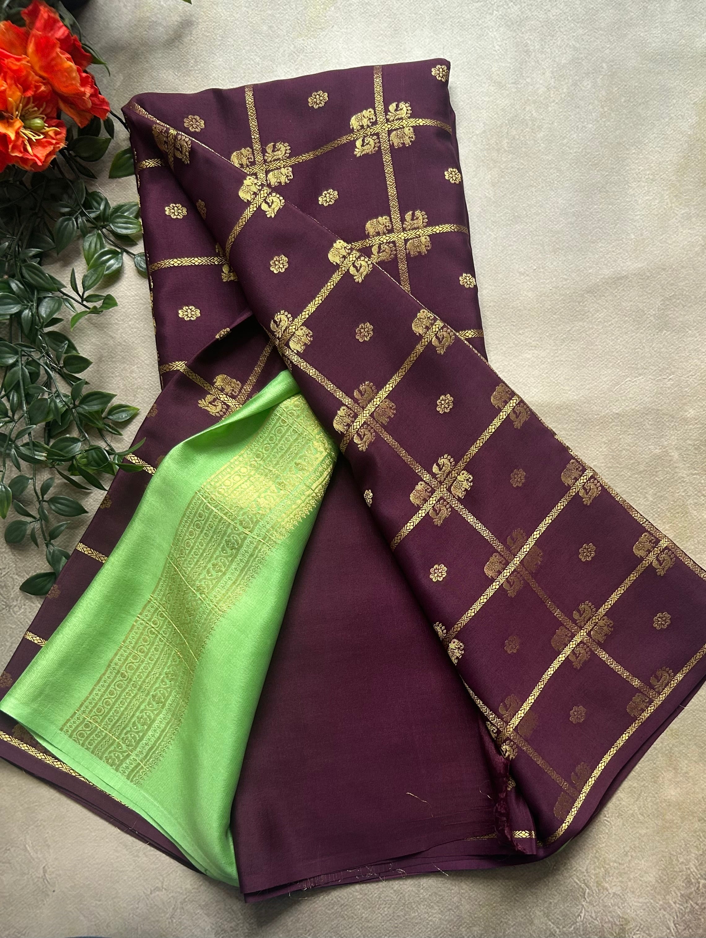 Dark brown contrast checks borderless pure mysore silk-102 saree