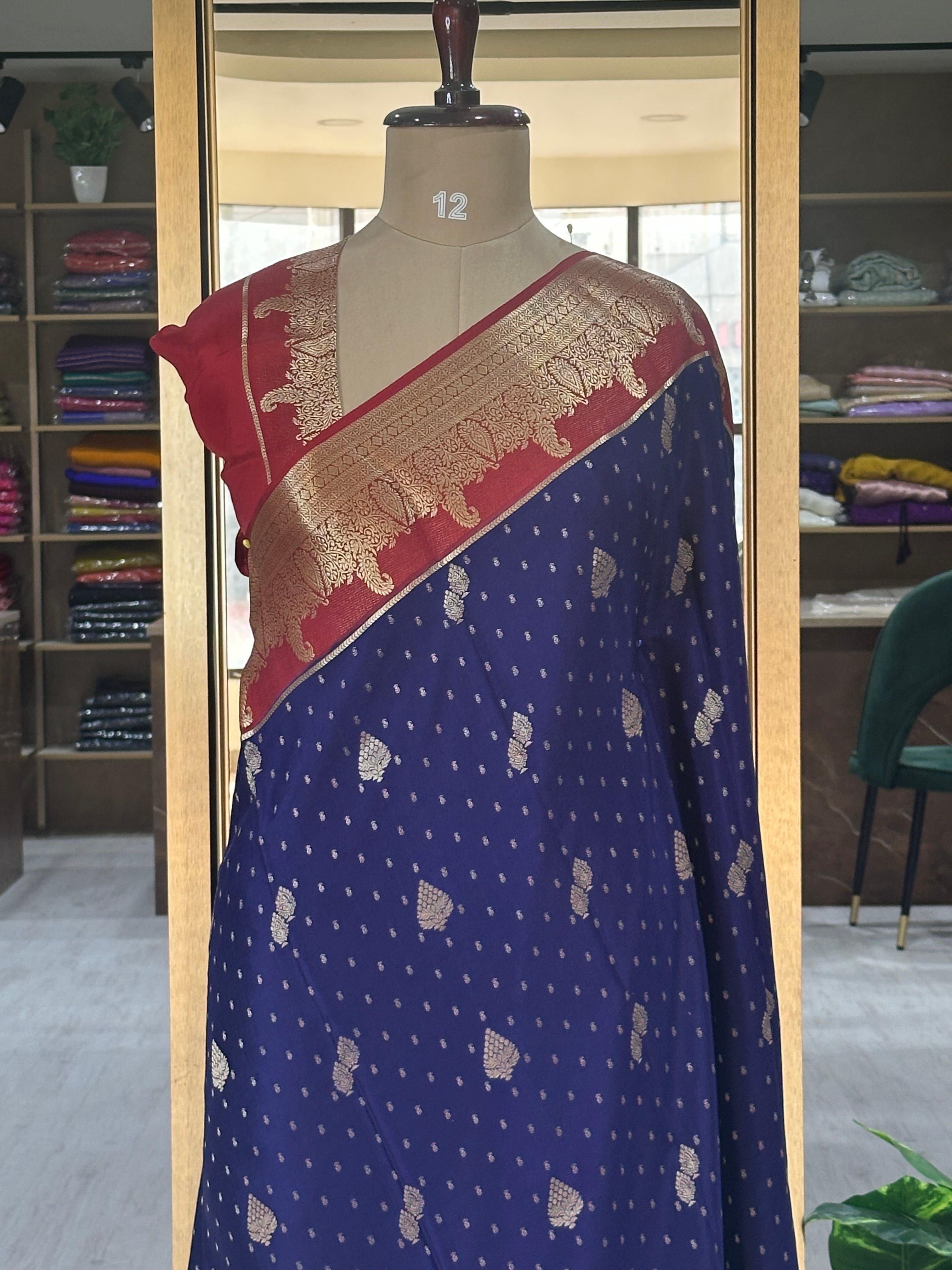 Navy blue Banarasi pure Mysore-09 crepe silk saree