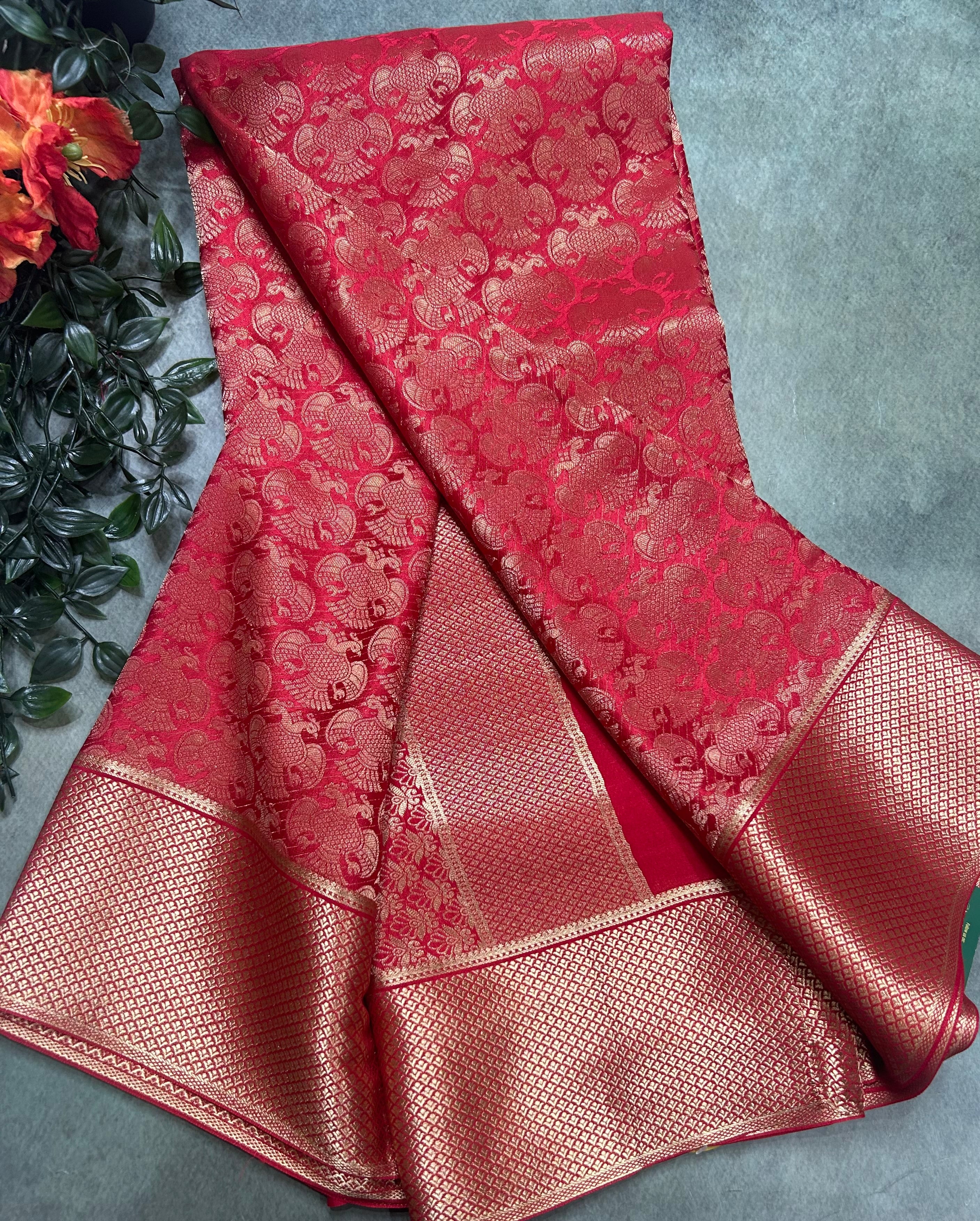 Red gandaberunda brocade Pure Mysore Silk 106 Saree