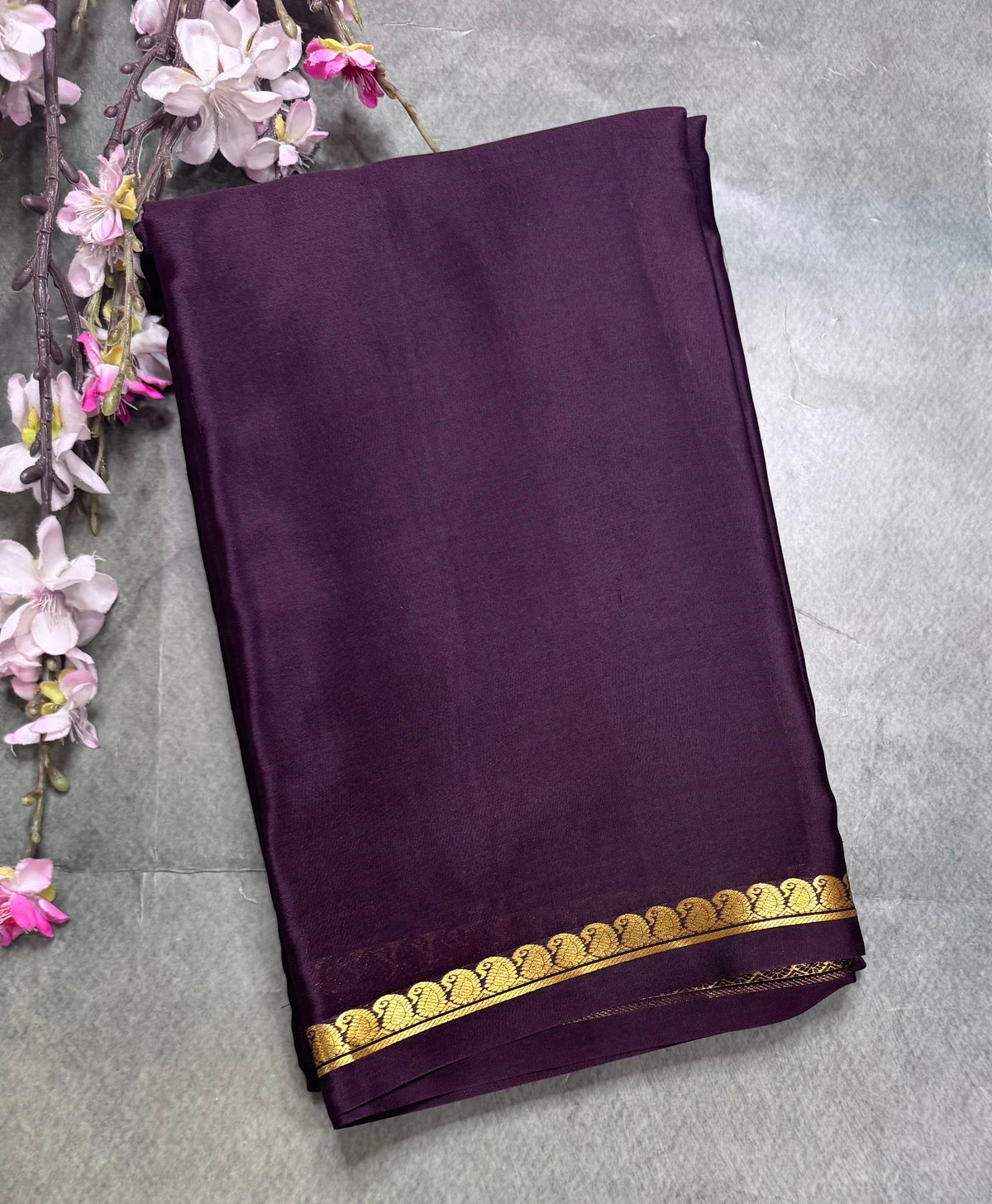 Dark brown one inch border pure Mysore silk saree