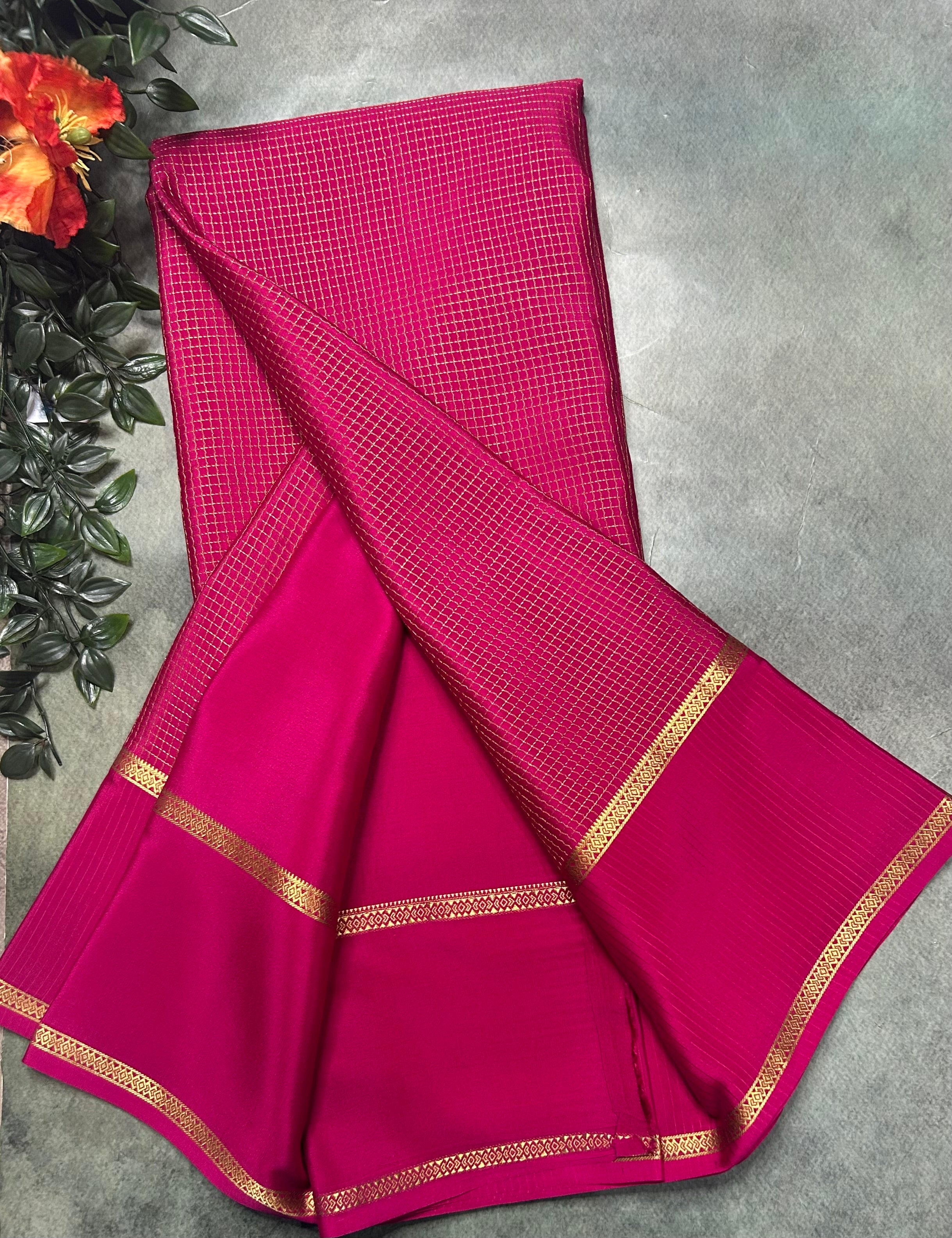 Rani pink small checks n bentex border pure Mysore silk 105 saree