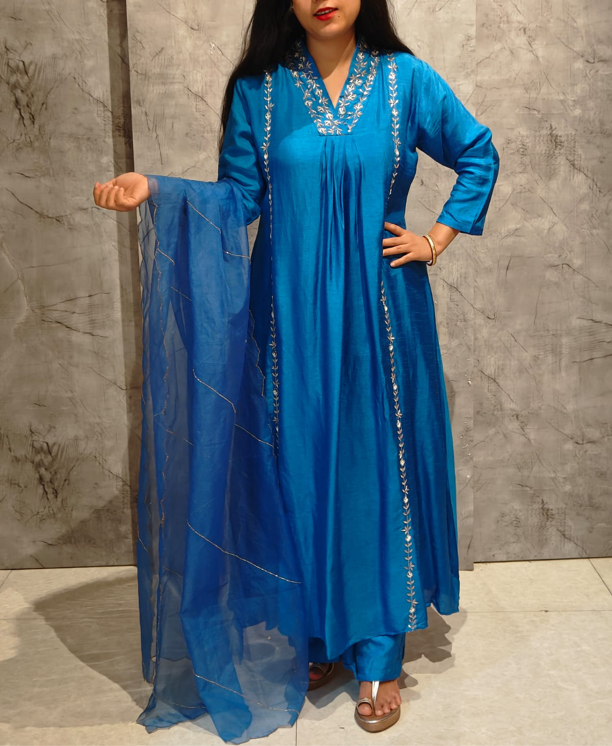 Bright Blue  Dola Silk Airline Handwork Kurtha 444