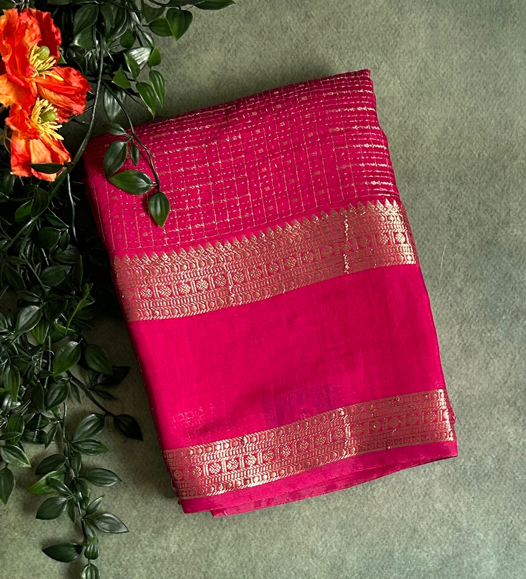 Rani pink small checks soft Tussar 03 crepe saree