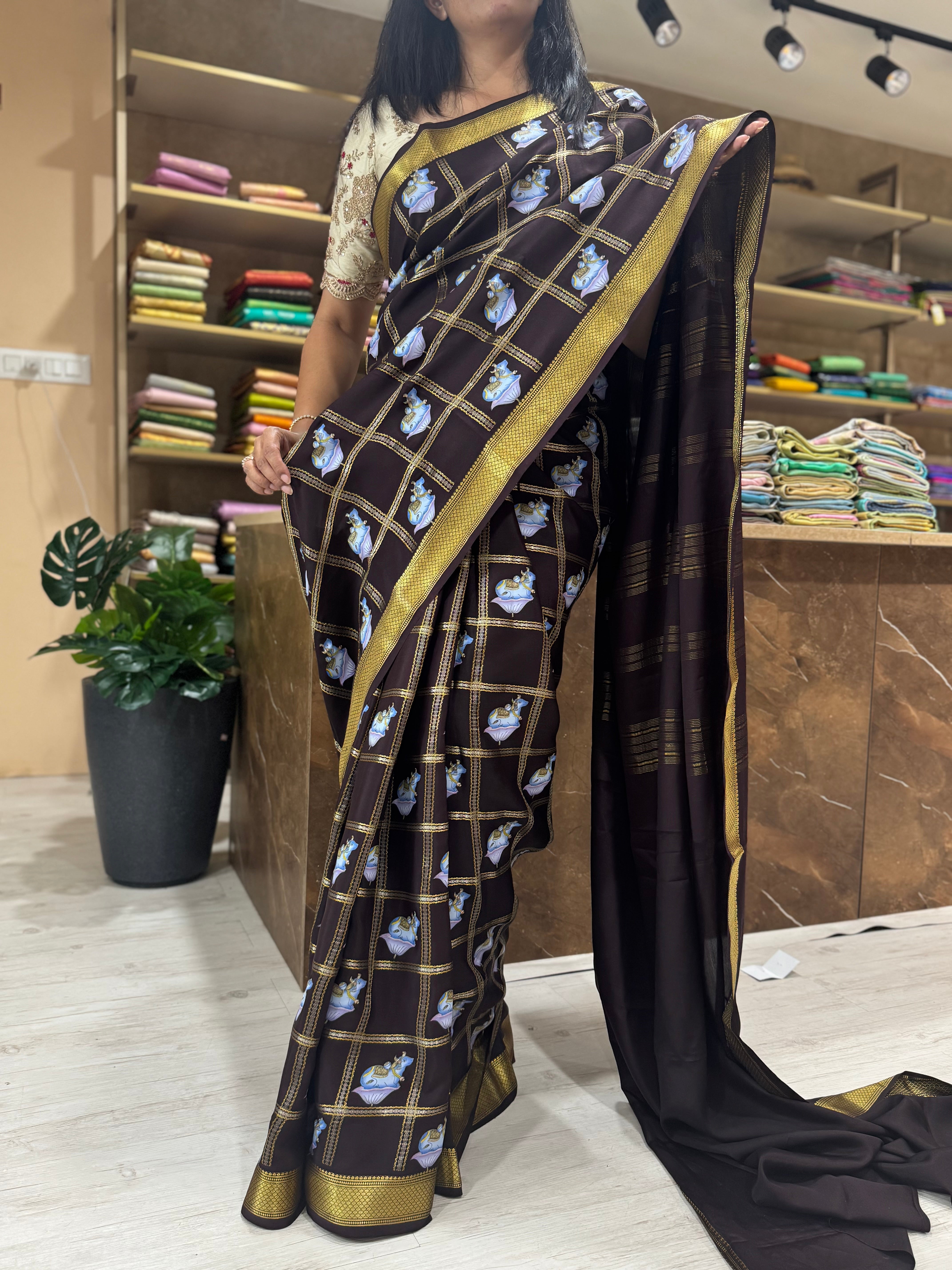 Dark brown checks pichwai-08 design pure mysore crepe silk saree