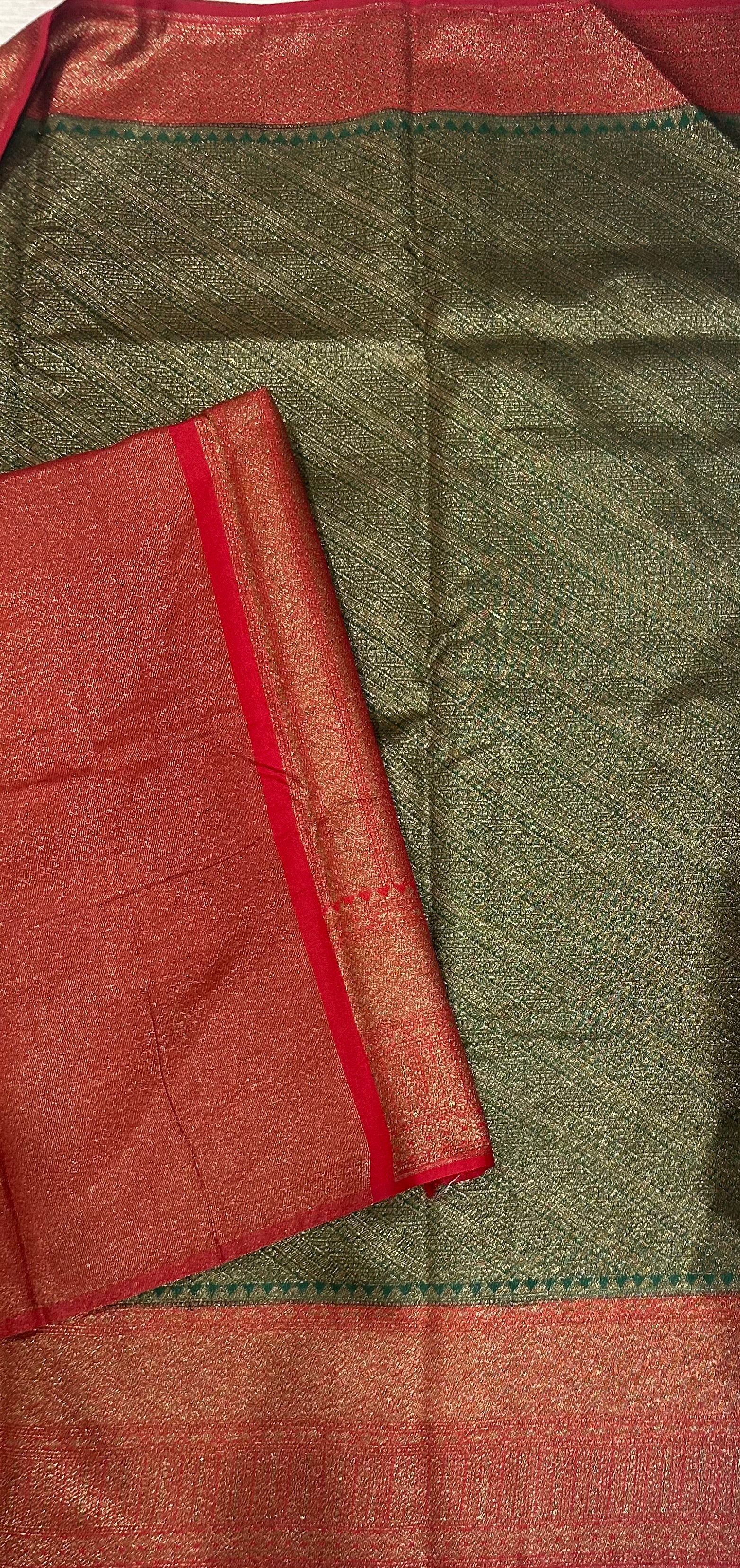 Bottle green brocade semi Benarasi saree(Rashmika Mandanna Brocade saree)