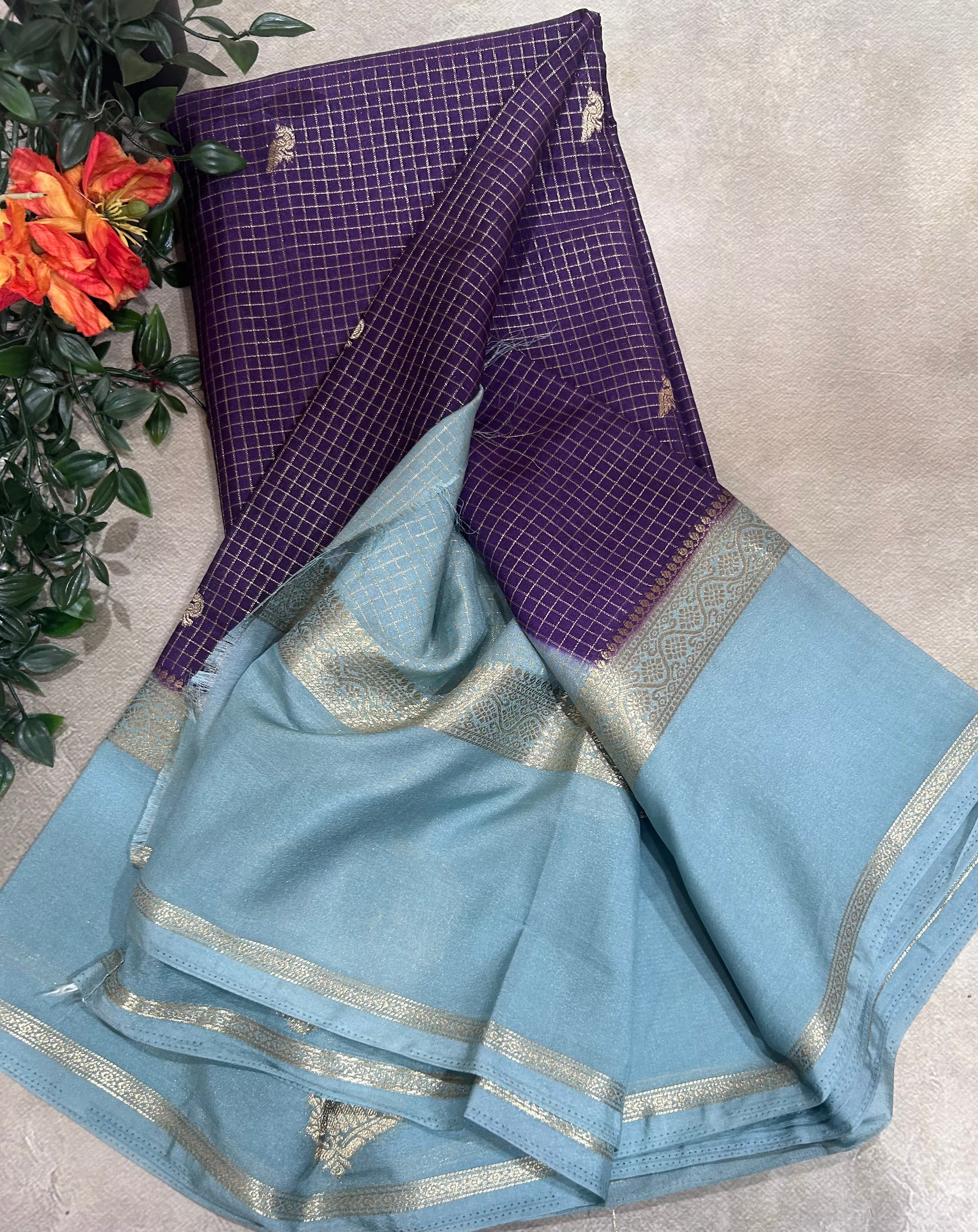 Dark purple gandaberunda border semi Mysore crepe 106 saree
