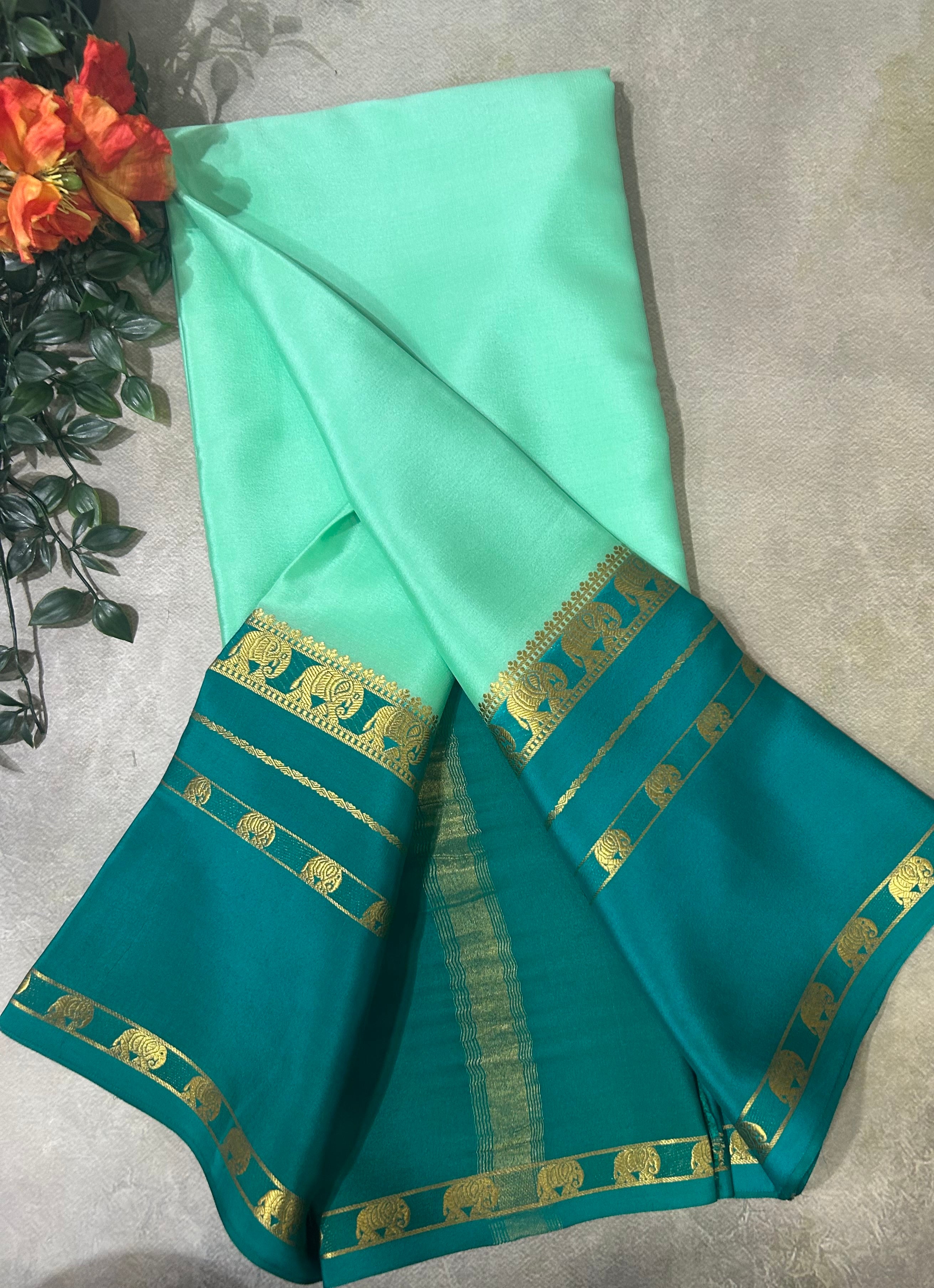 Aqua green bentex border pure Mysore silk 104 saree