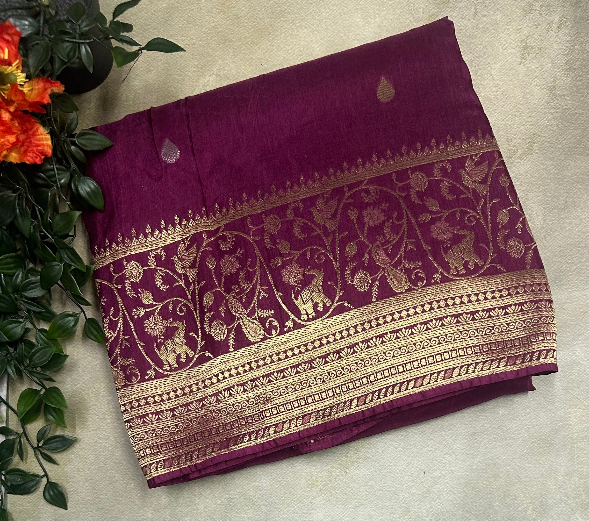 Wine long border semi silk saree