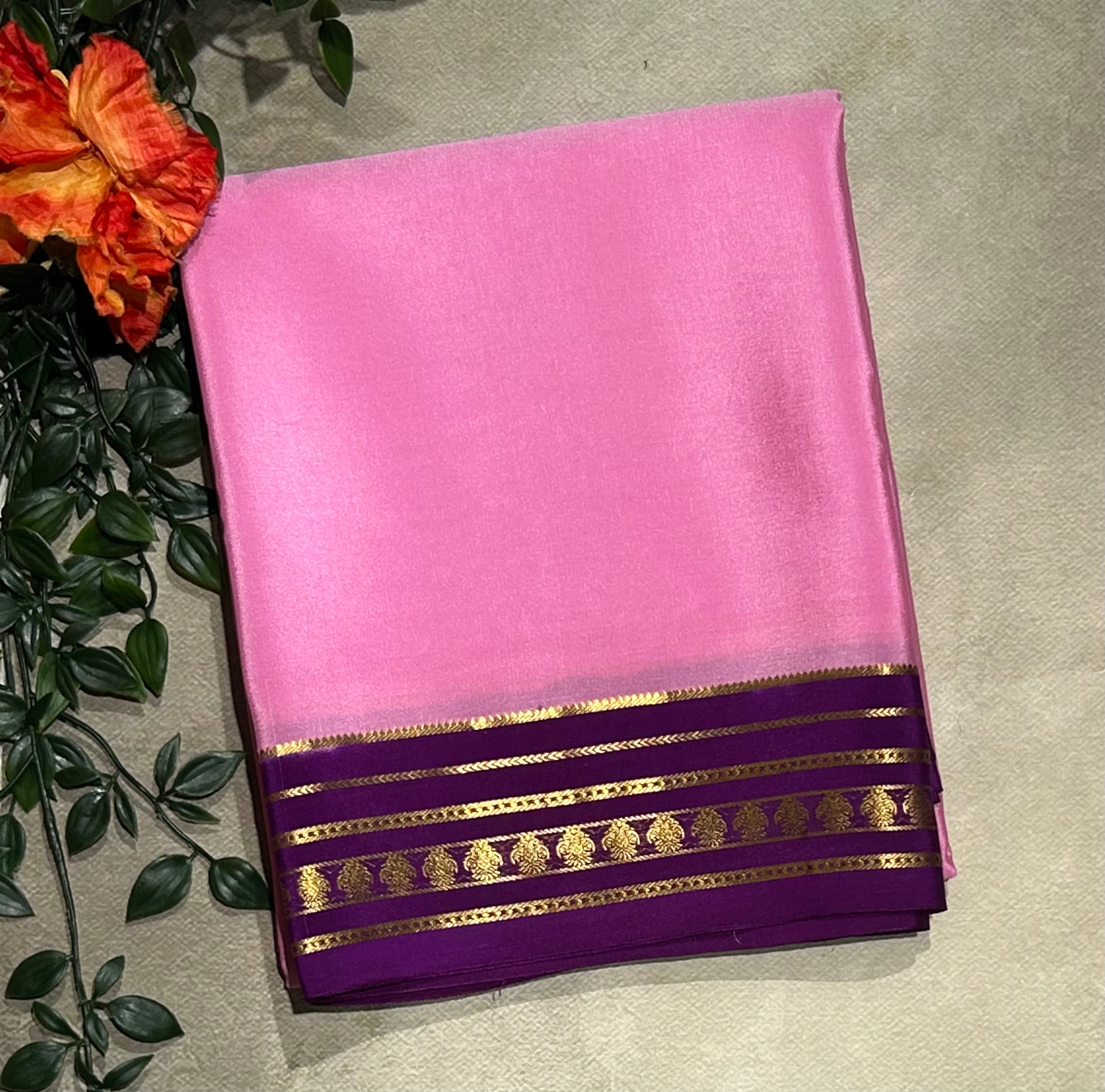 Baby pink stripes border pure Mysore silk-103 saree