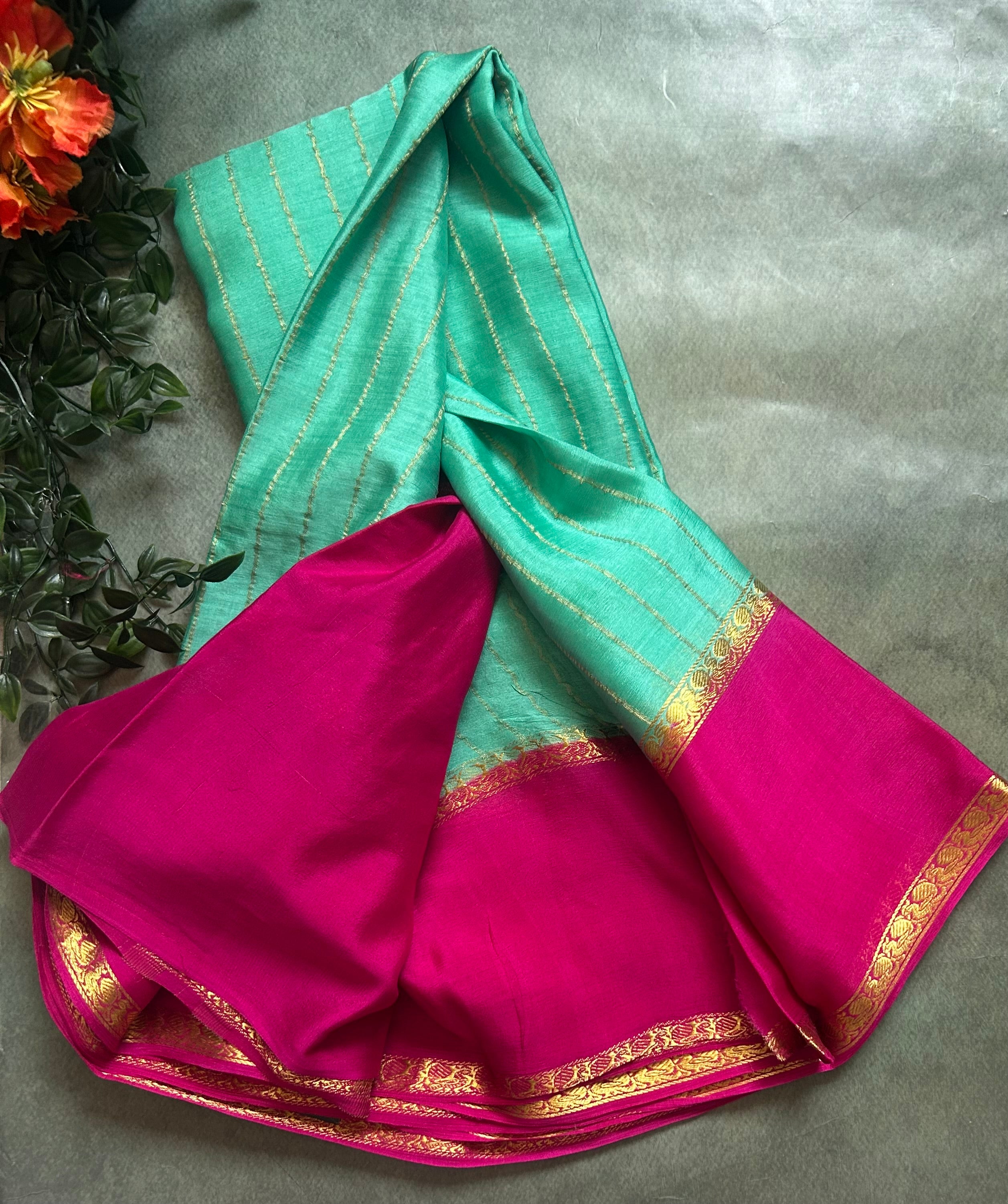 Distemper blue n Rani pink pure wrinkle 103 crepe silk saree