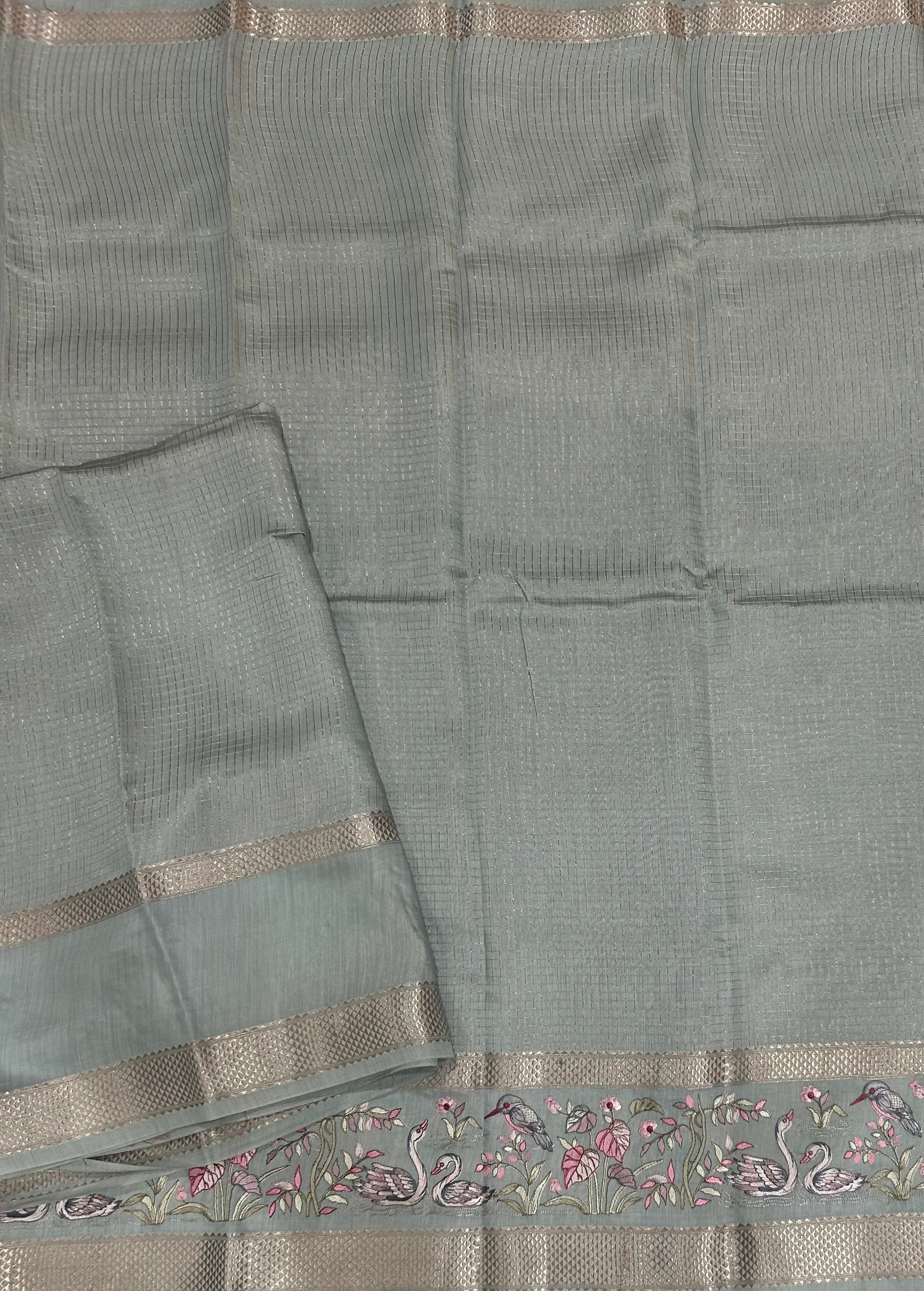 Pastel blue-2 checks embrodiery butta border soft tussar crepe 104 saree
