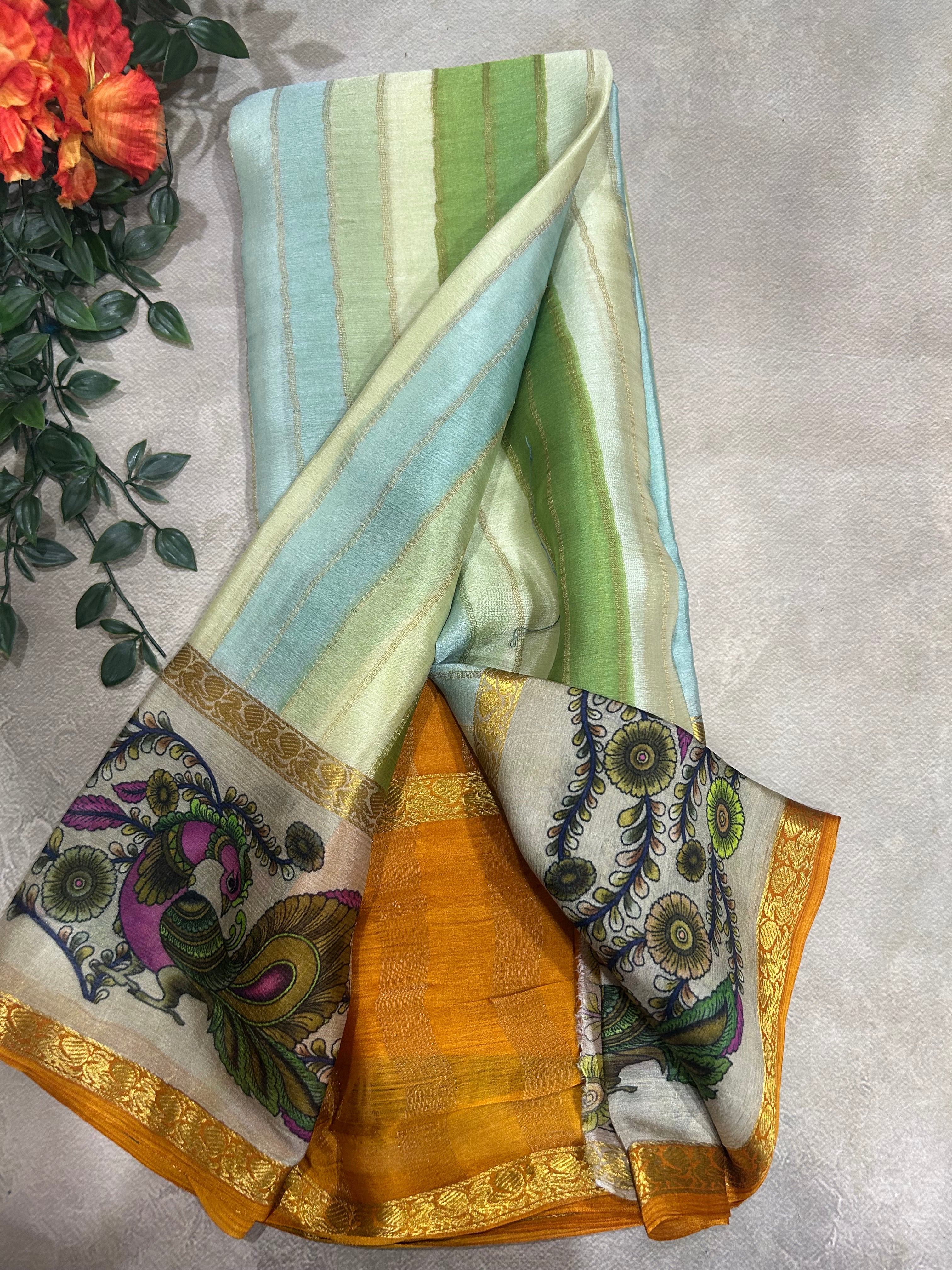 Rankart kalamkari border pure wrinkle 103 crepe silk saree