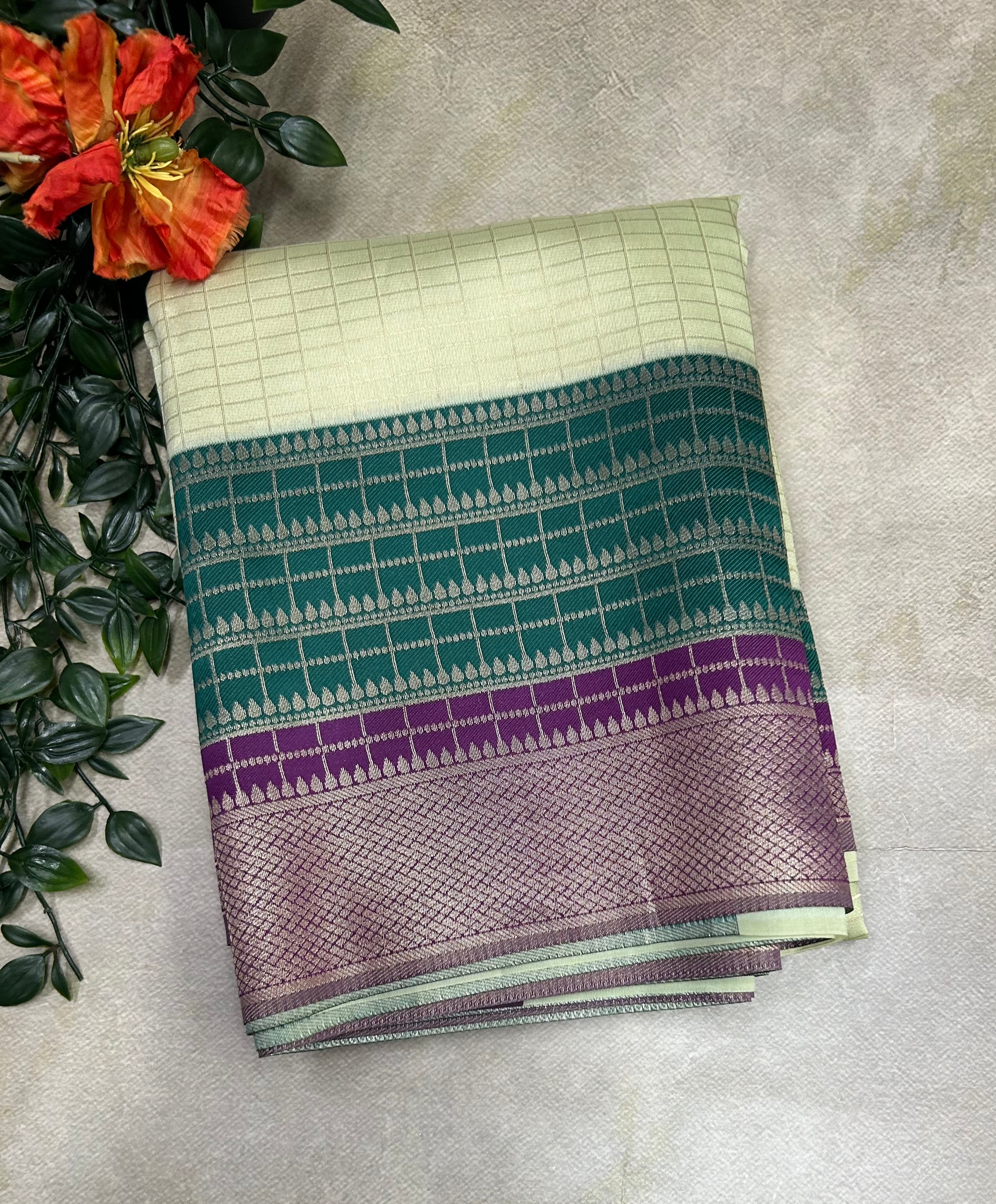 Light green small checks semi Silk Saree