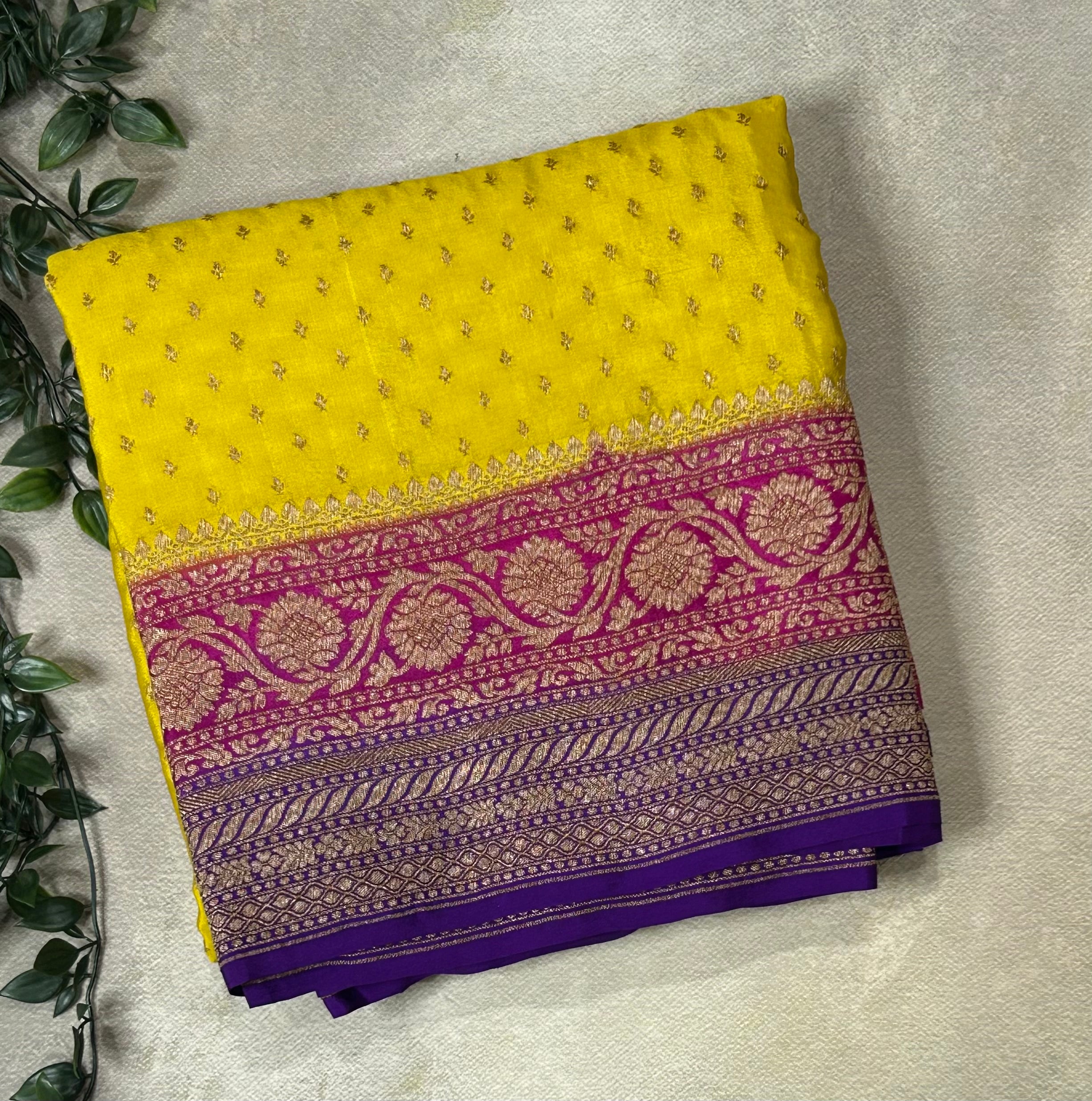 Light yellow 3d  pure banarasi crepe-09 silk saree