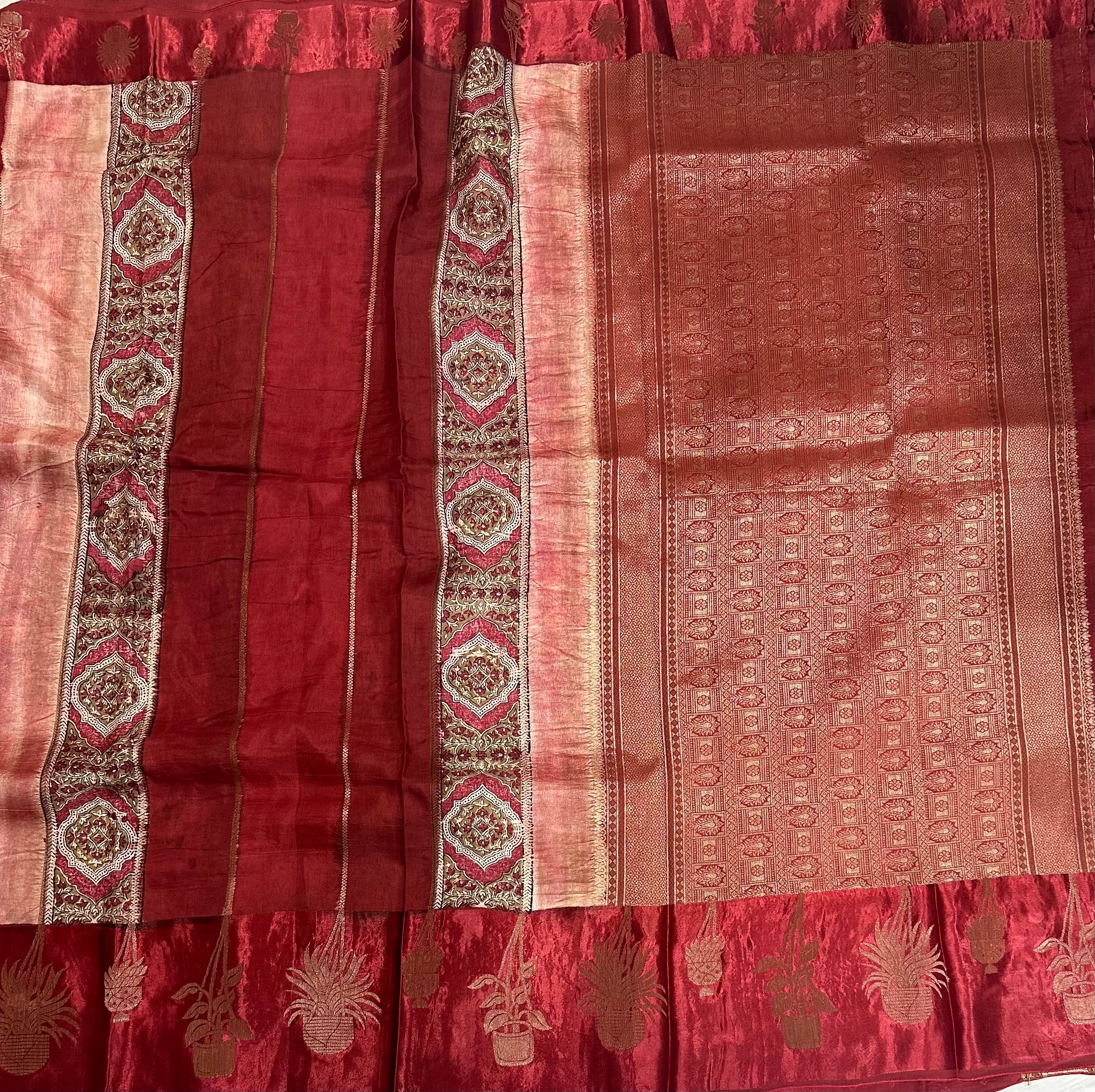 Maroon Elegant Dola Silk Fabric with Satin Border & Striped Design – Premium Ethnic Wear Material