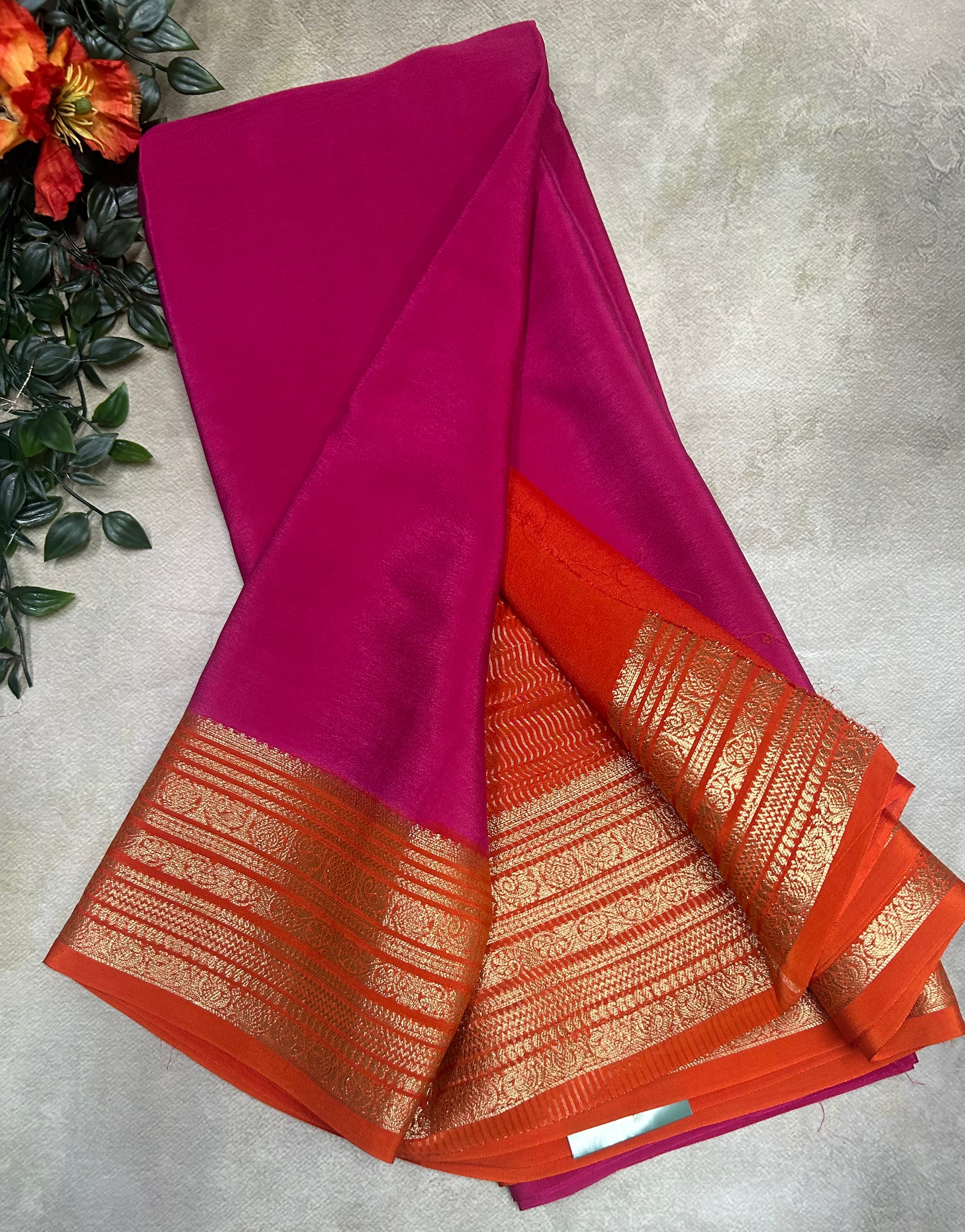Pink n orange plain semi Mysore crepe silk 105 saree
