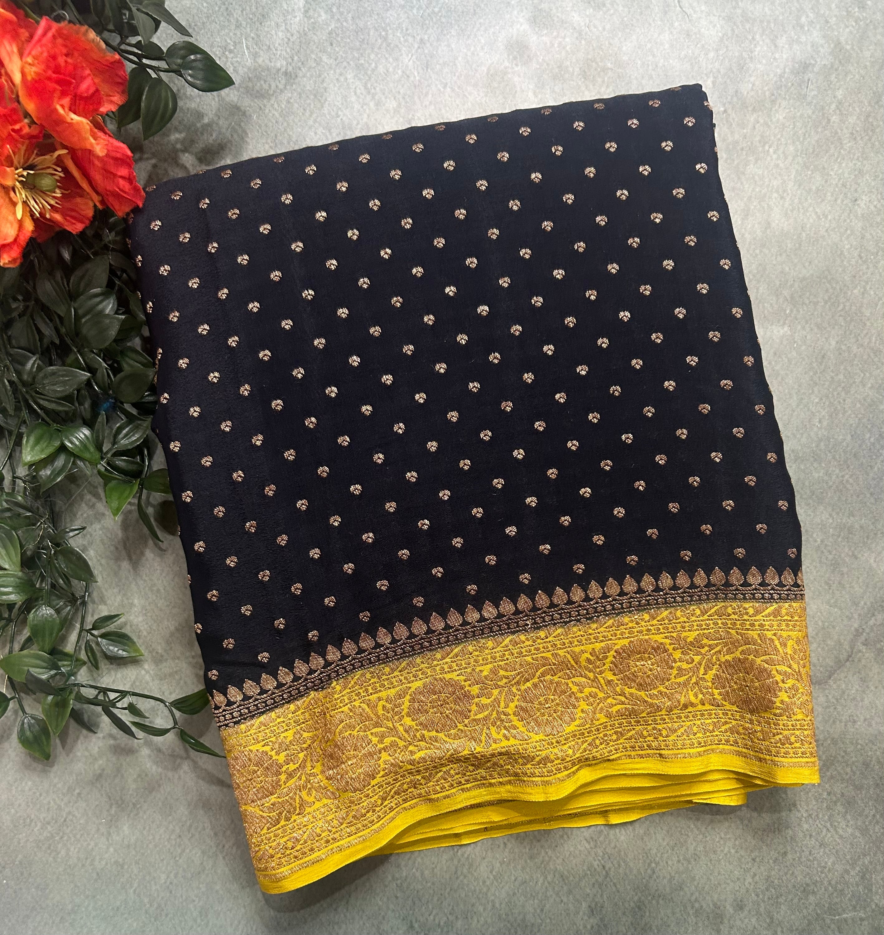 Black n yellow small Butta pure Benarasi crepe 104 saree