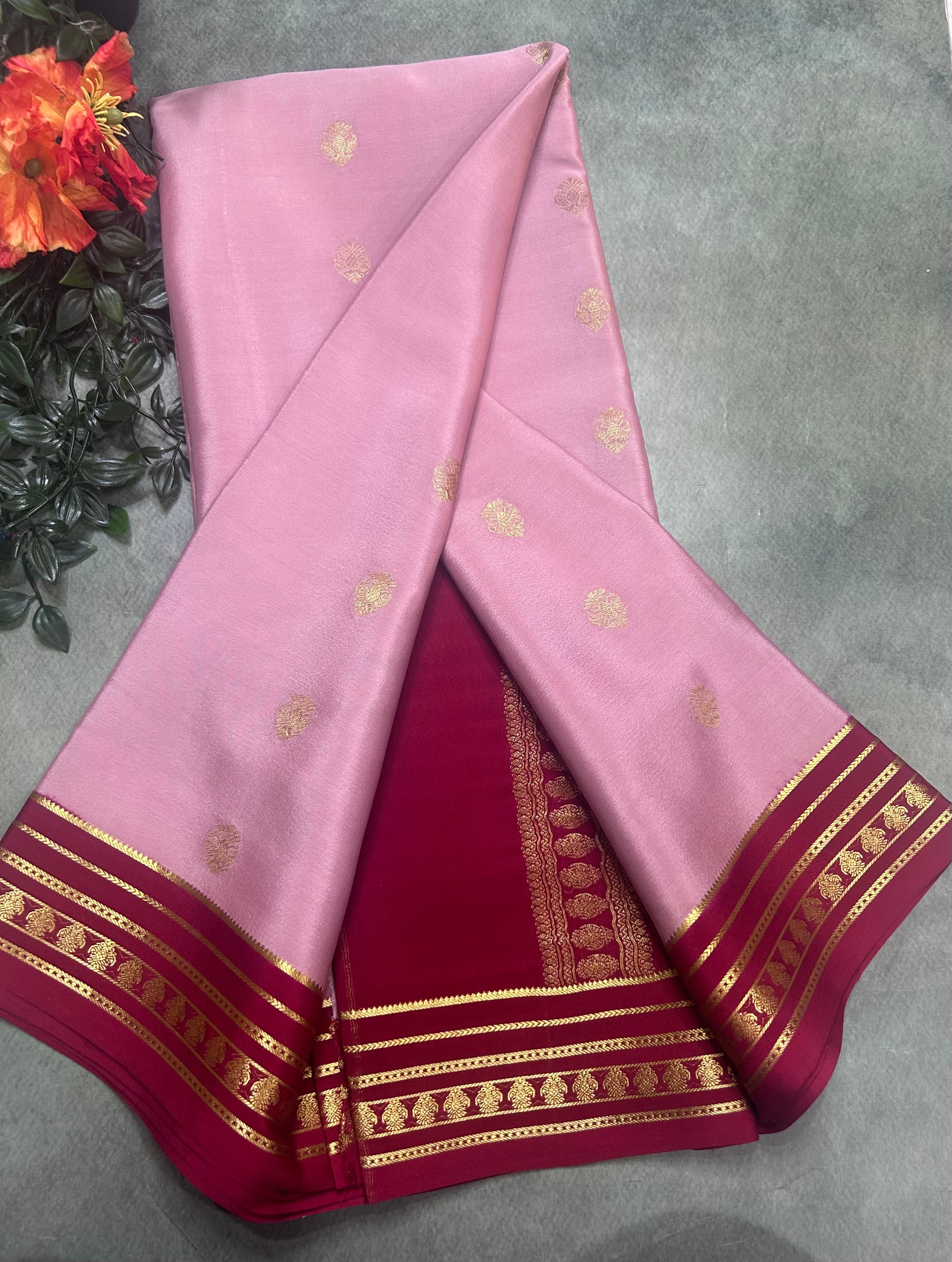 Pastel pink stripes border pure Mysore silk 106 saree