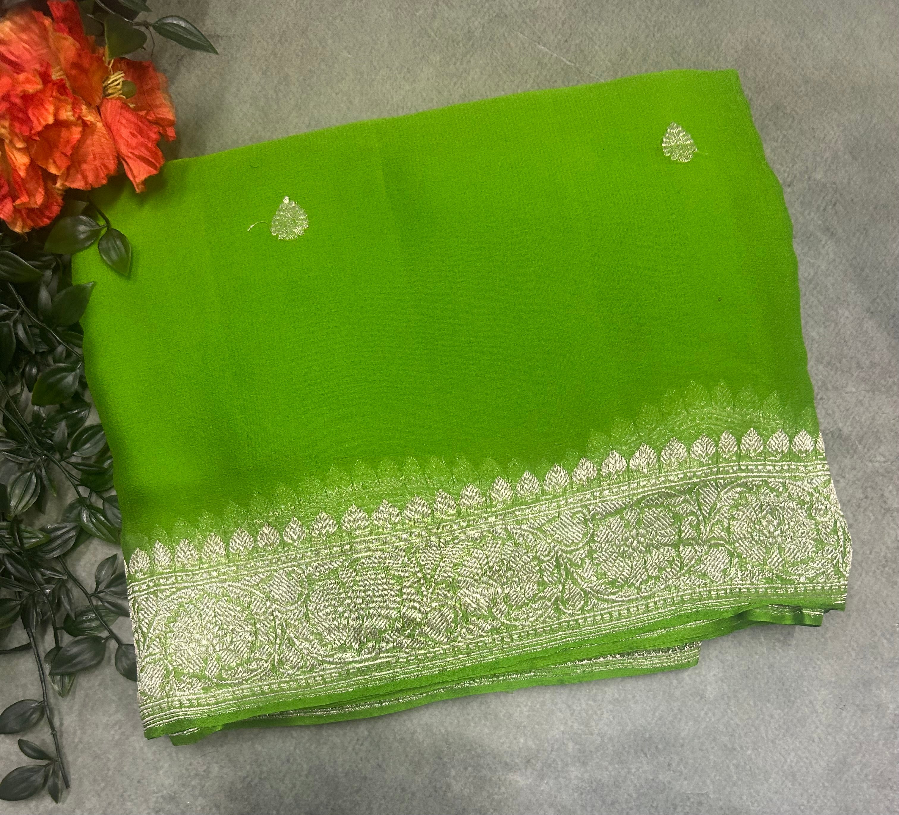 Green small butta chiffon pure 104 saree