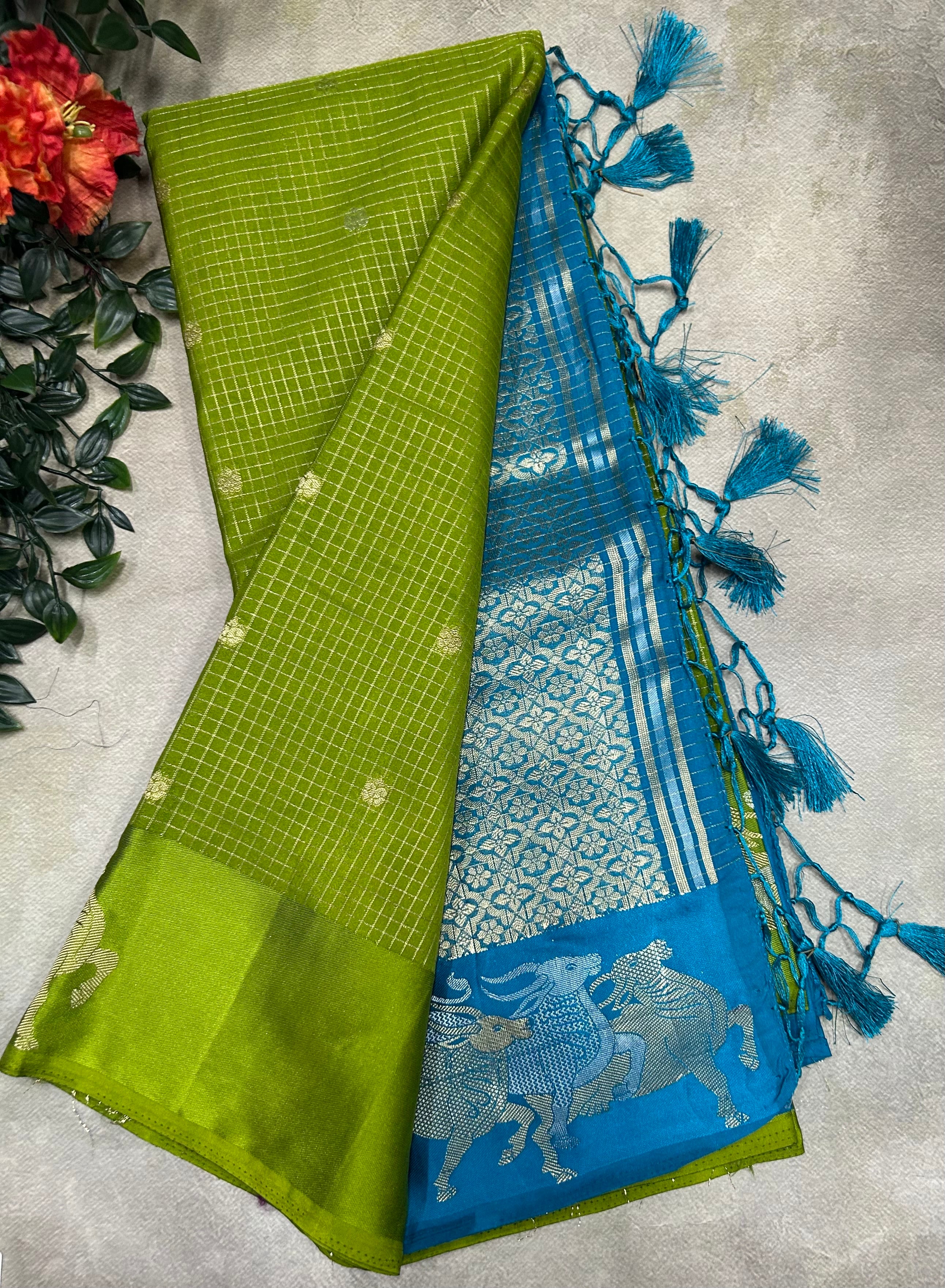 Light green small checks semi Mysore crepe saree(SMC106)