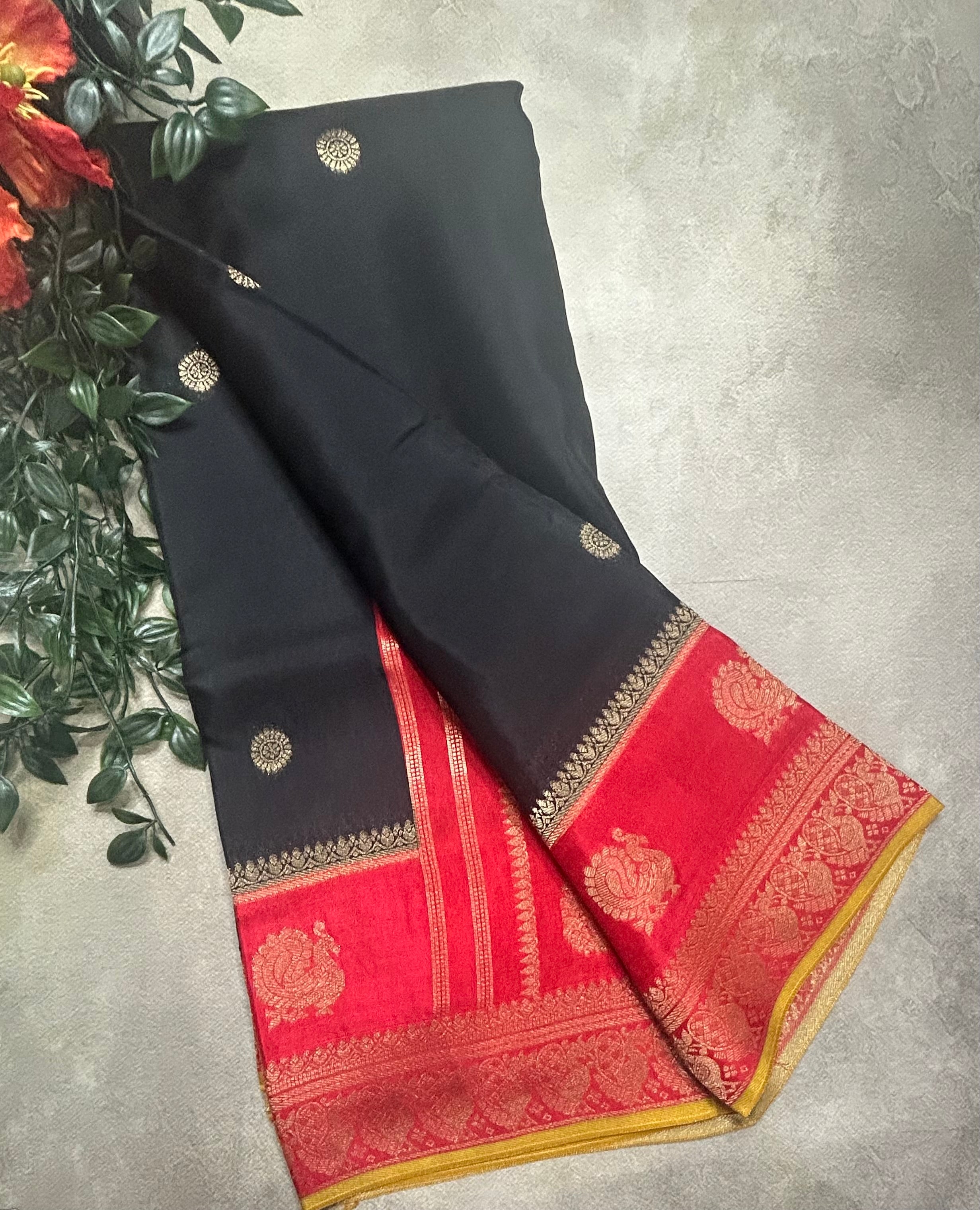 Black border Butta semi Mysore crepe saree