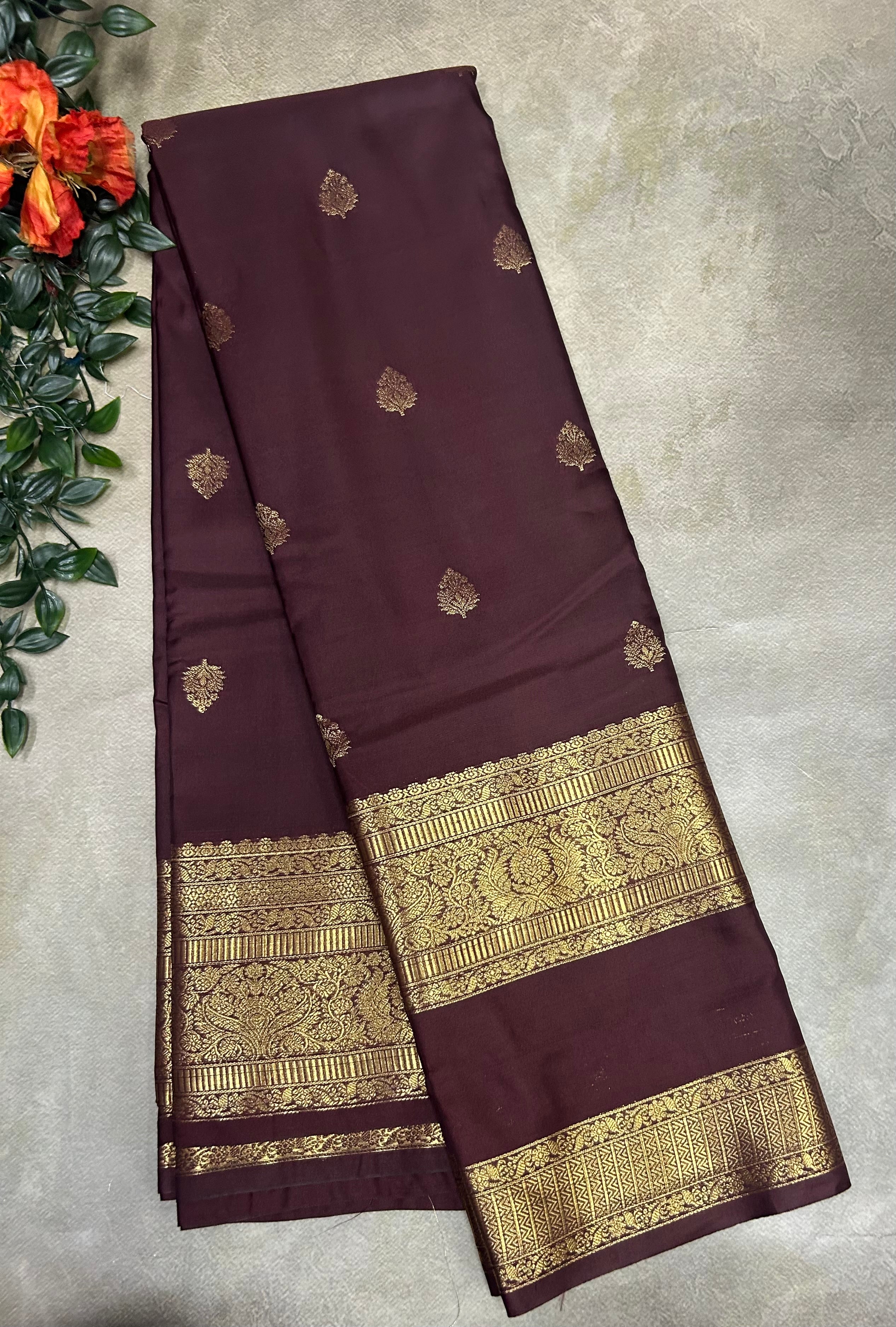 Dark brown Bentex border semi Kanchi-105 saree