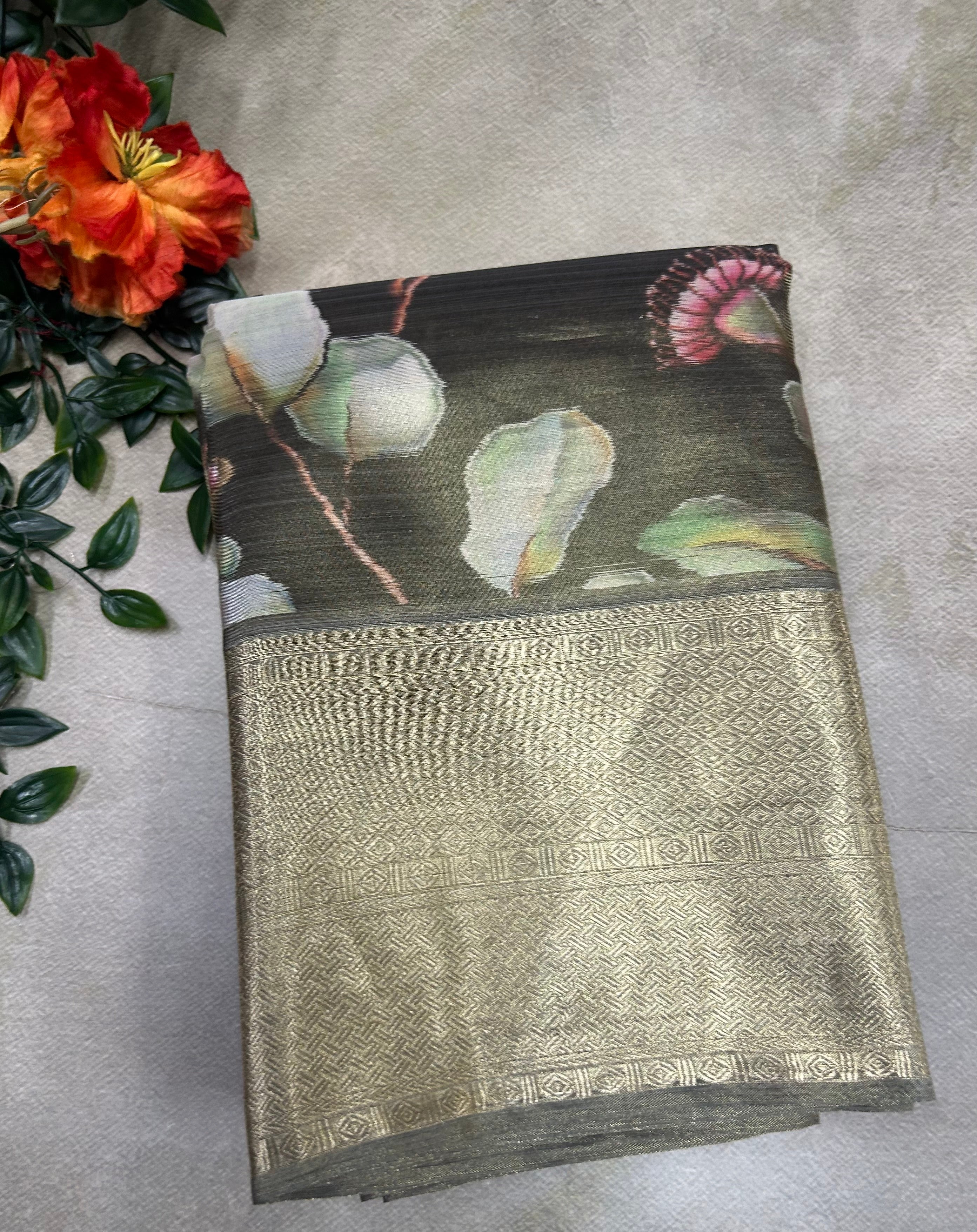 Lite olive green Digital print Semi Kanchi saree