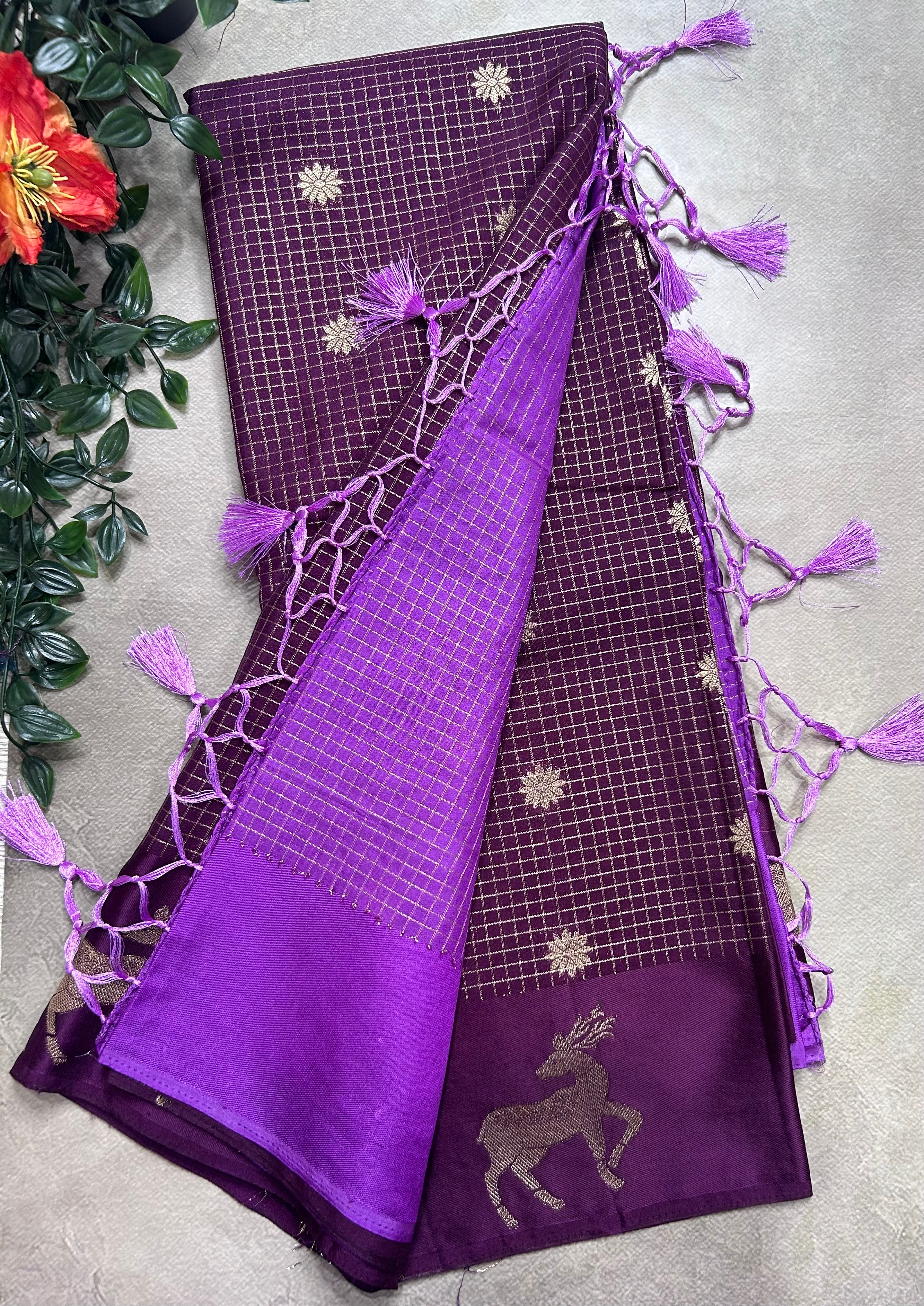 Wine small checks semi Mysore crepe 106 saree