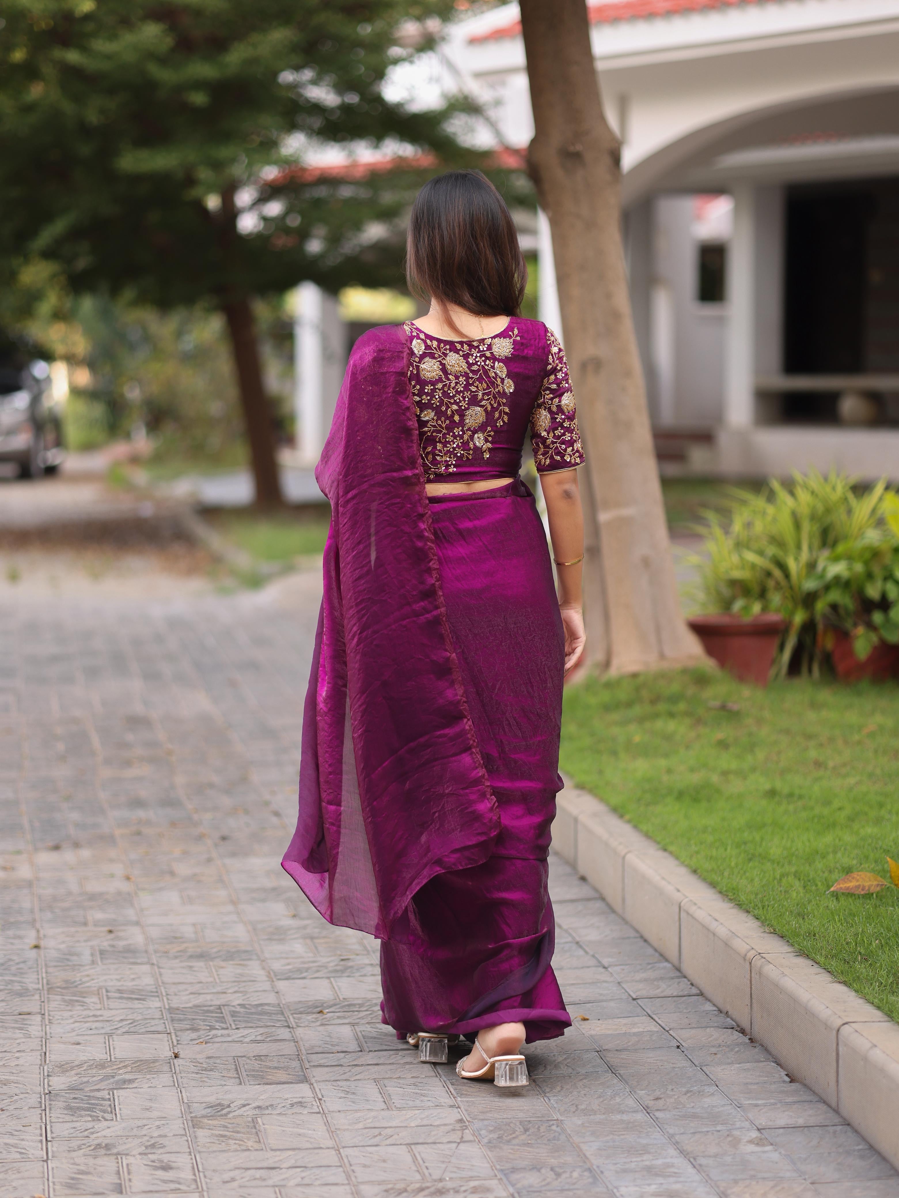 Shiny purple party wear with heavy work blouse saree
