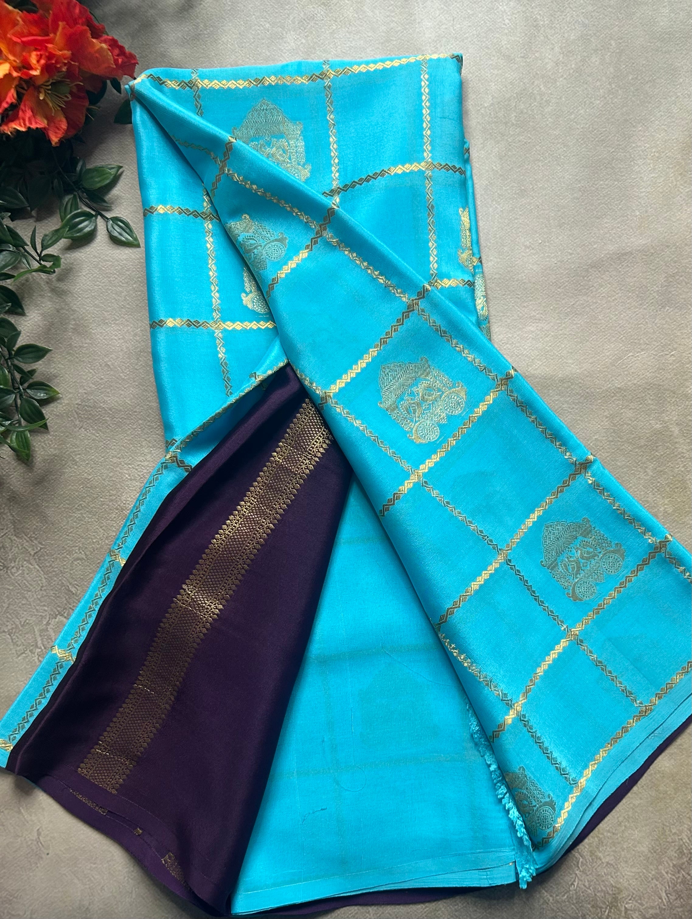 Sky blue contrast checks borderless pure mysore silk-102 saree