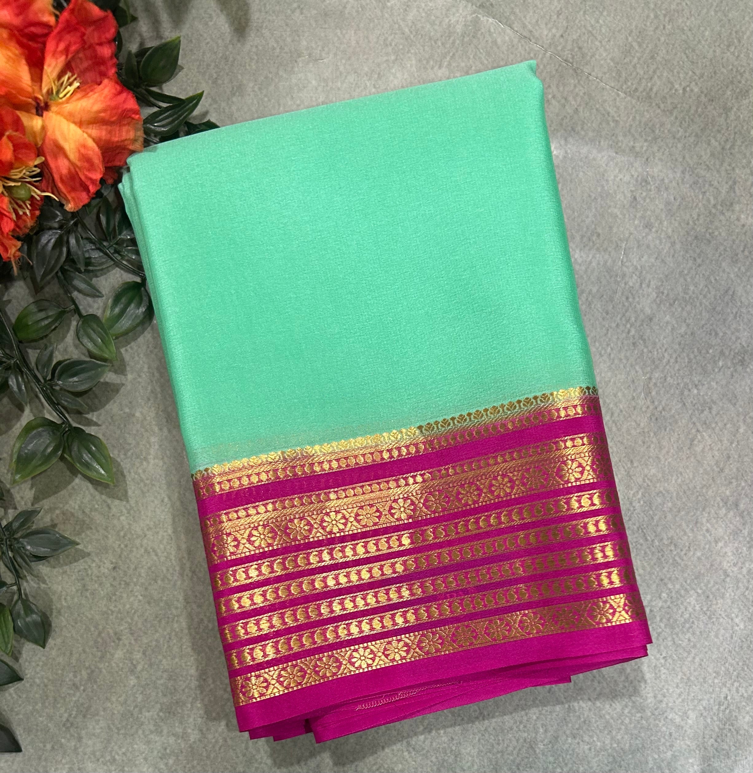 Pastel green n pink pure Mysore crepe silk saree