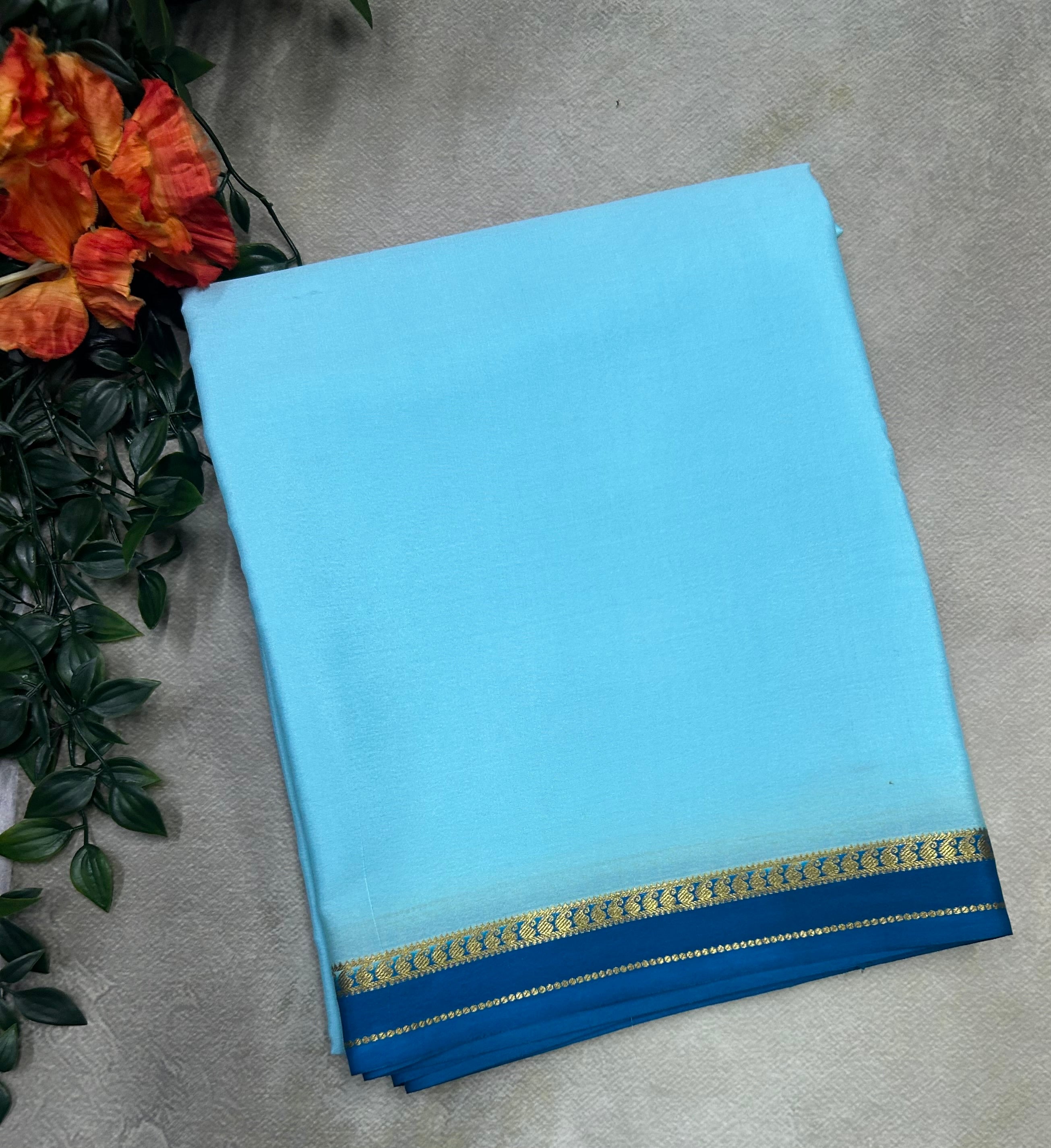 Sky blue small border pure Mysore silk 103 saree