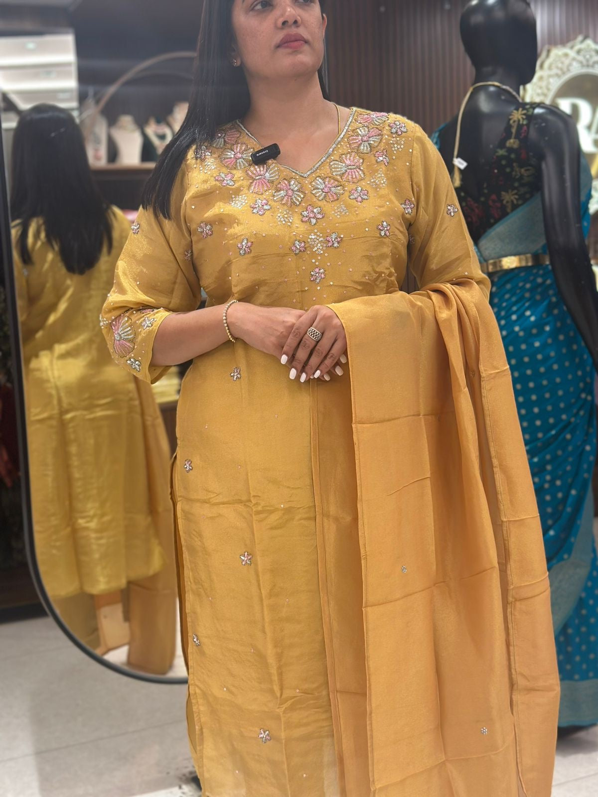 “Chandini" Gold tissue Shimmer silk Kurtha suit with work hand embroider 088