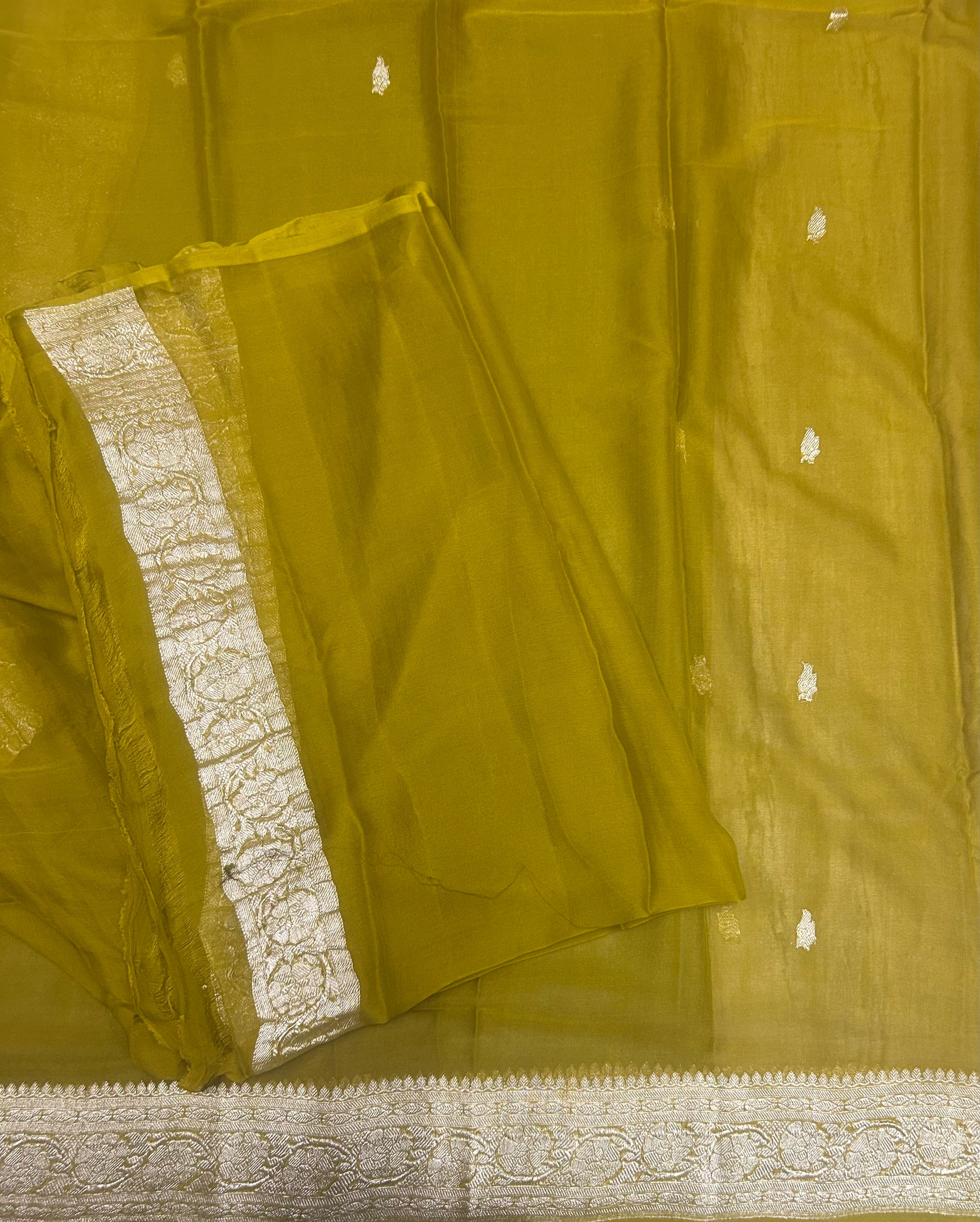 Olive yellow small butta pure chiffon 104 saree