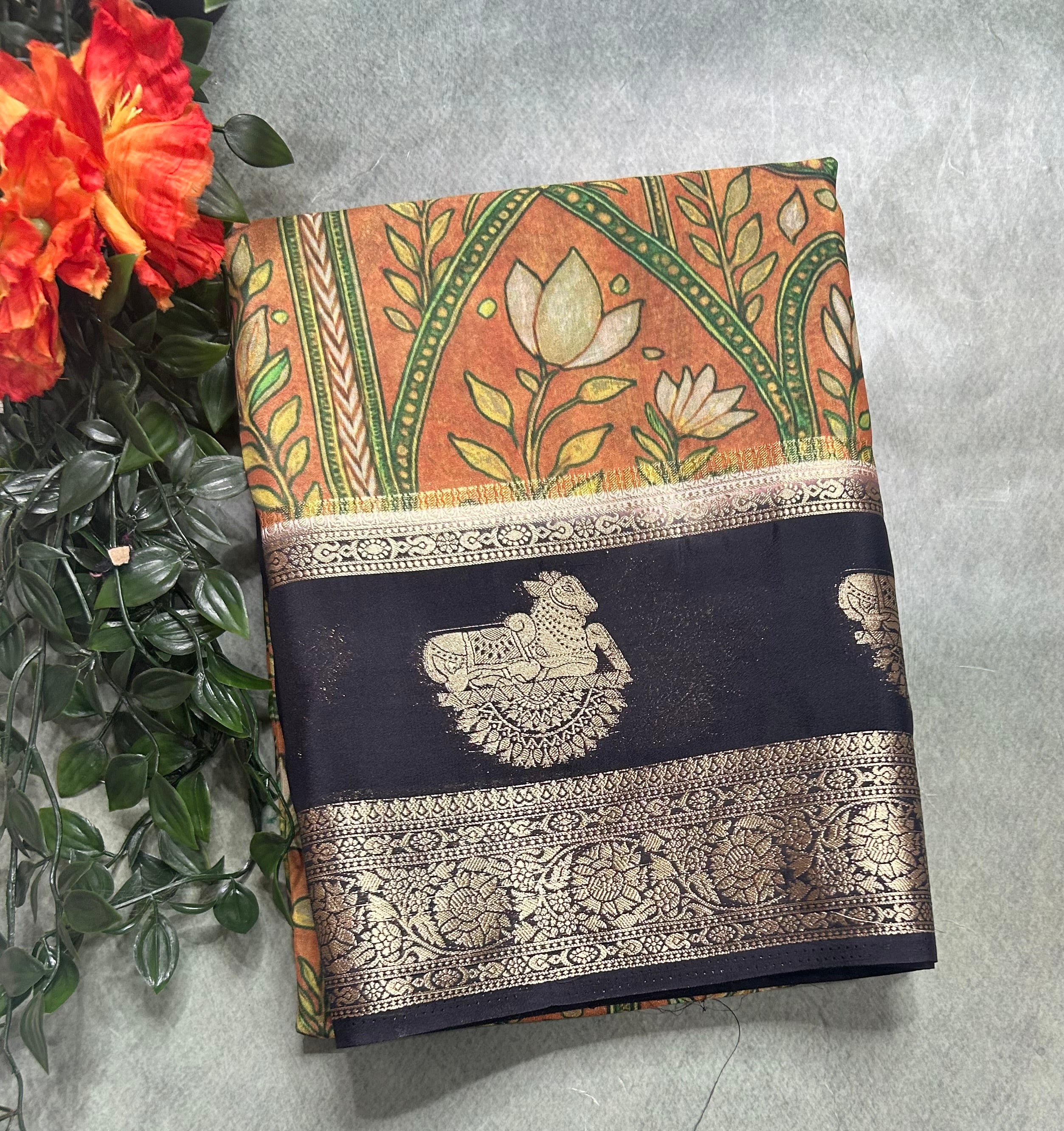 Multicolour bentex border printed semi Mysore 105 saree