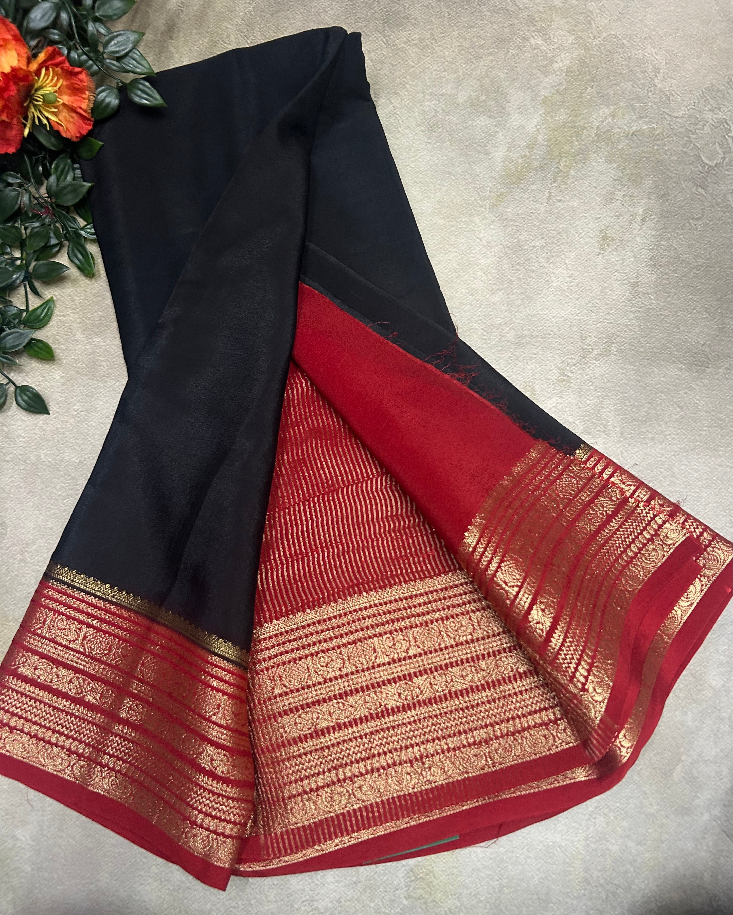 Black n red plain semi Mysore crepe silk 105 saree