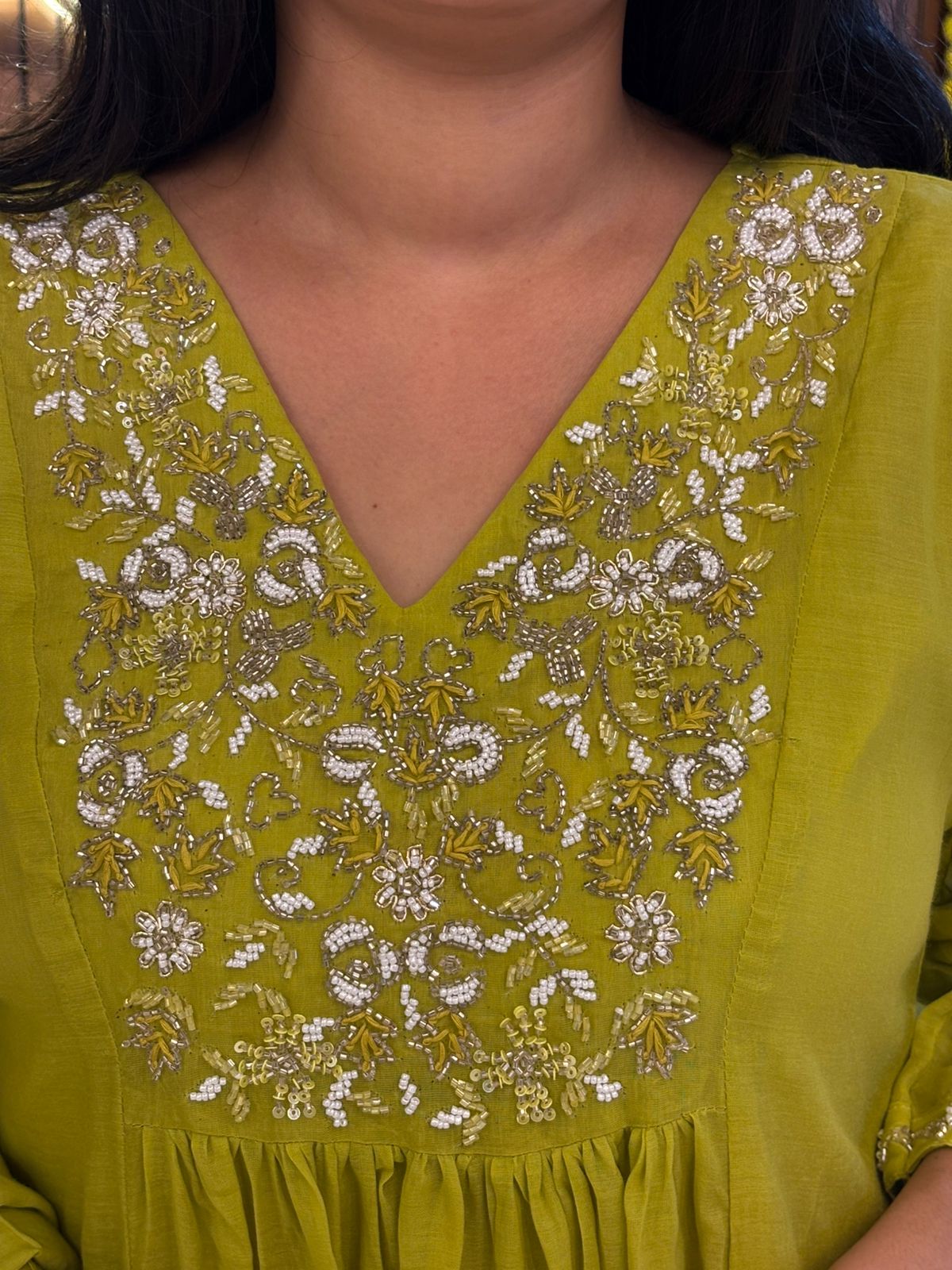 Green Mul Chanderi  Silk Anarkali Handwork Kurtha Set