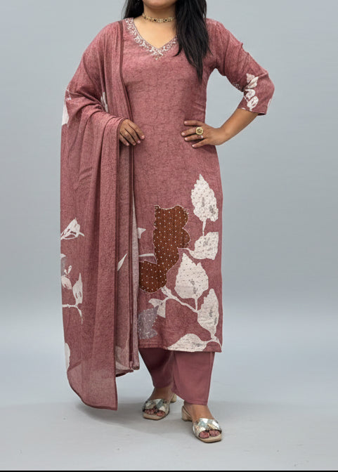 Brown Digital Print Handwork Crepe Kurtha 693