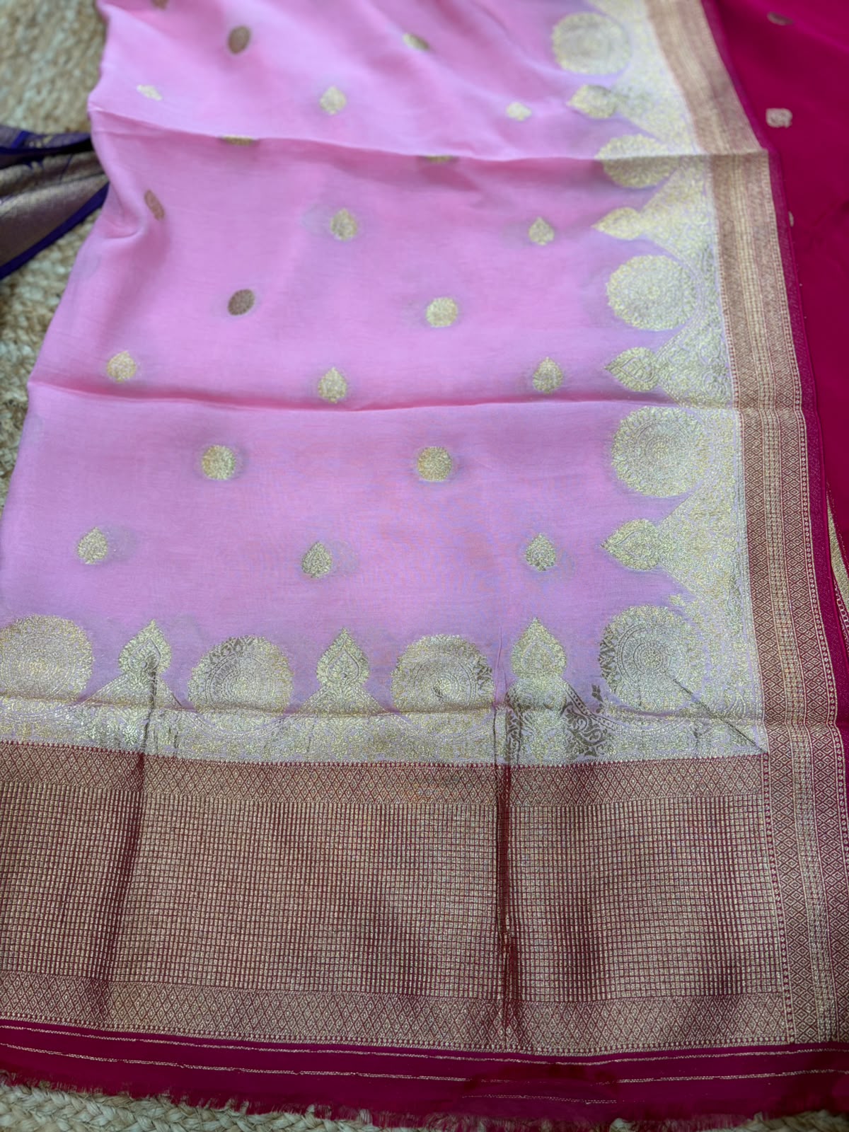 Baby Pink and Red Satin Banarasi Dress Material