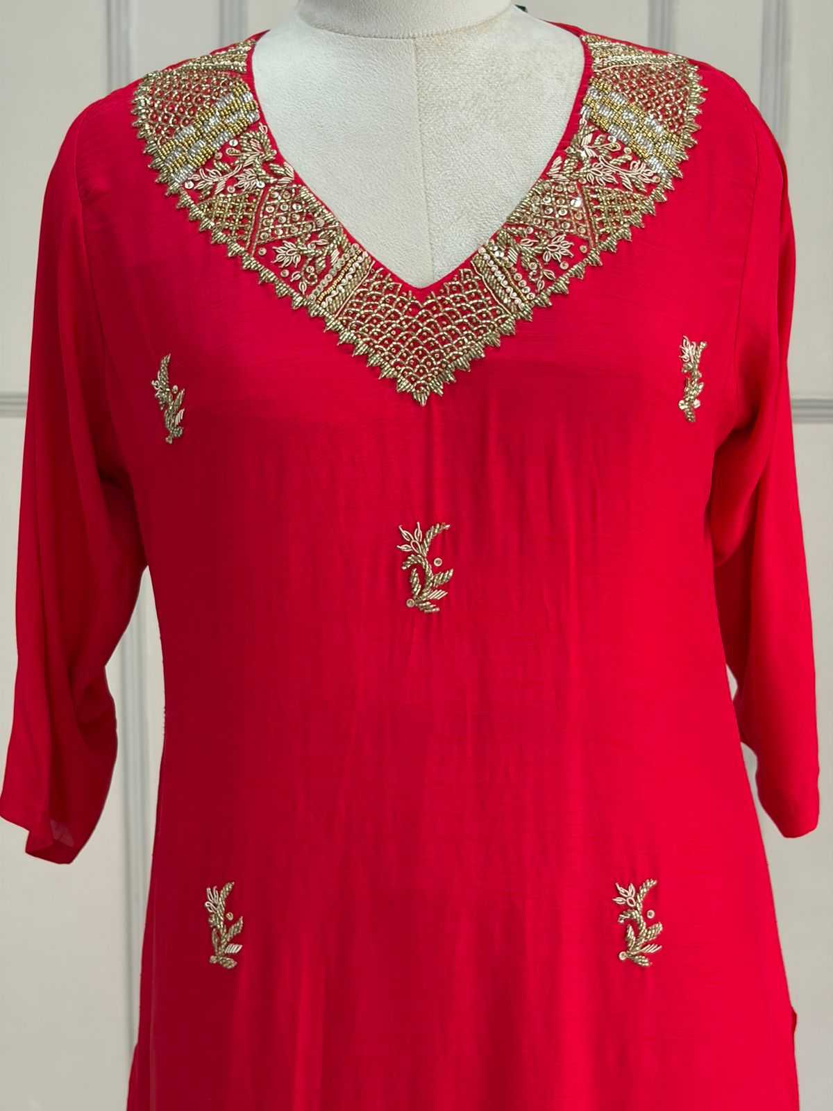 Red Mul Chanderi Hand Embroidery  A Line  Kurtha 686